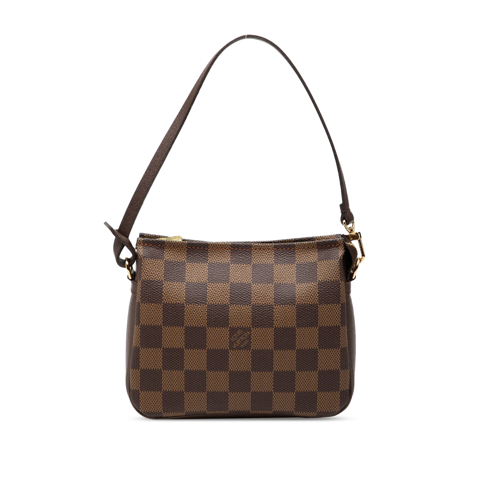 Louis Vuitton Damier Ebene canvas pouch with leather trim and zip closure: Louis Vuitton Damier Ebene canvas pouch with leather trim and zip closure This Louis Vuitton Damier Ebene Trousse Pochette features a signature damier ebene coated canvas body with leather trim, a fla