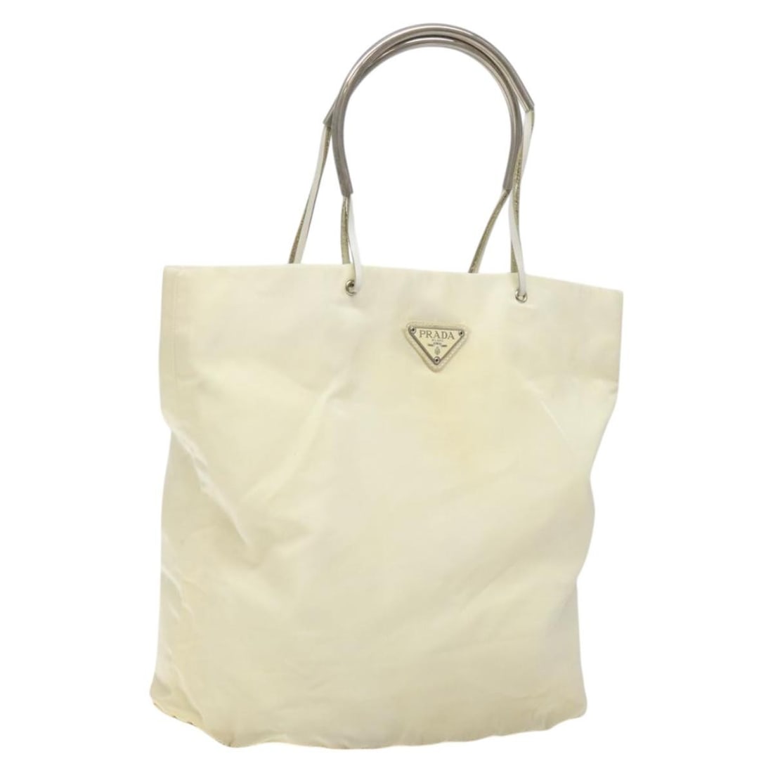 Prada Cream Nylon Women's Handbag with Silver Accents Italy: Prada Cream Nylon Women's Handbag with Silver Accents Italy This is a PRADA women's hand bag crafted from cream and silver nylon, made in Italy. The bag features a spacious interior and a practical ha