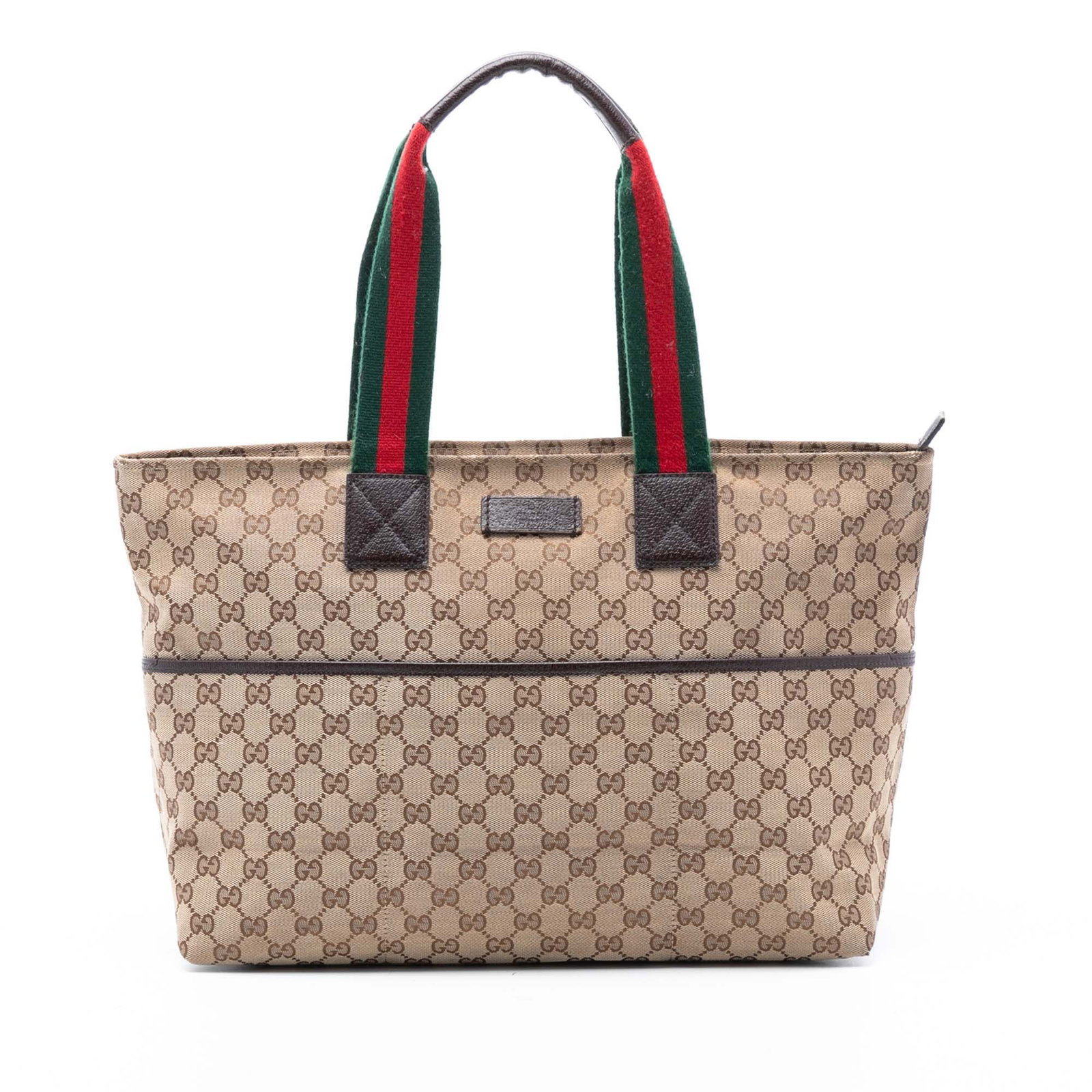 Brown GG Canvas Web Tote Bag by Gucci with Rolled Straps: Brown GG Canvas Web Tote Bag by Gucci with Rolled Straps This Gucci GG Canvas Web Tote features a canvas body in brown, rolled web shoulder straps, a top zip closure, an exterior slip pocket, and an i