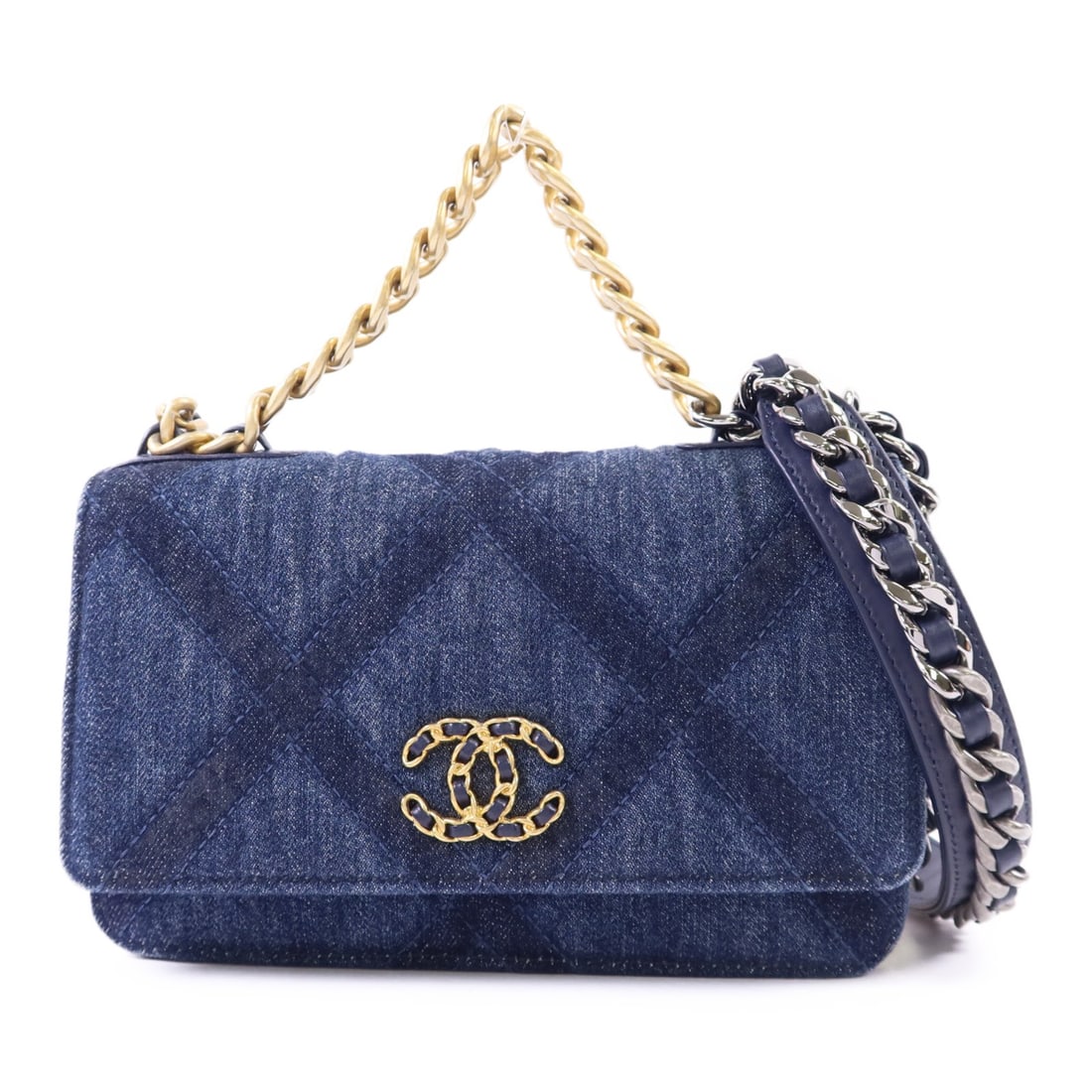 Chanel Blue Denim Wallet on Chain Shoulder Bag with Gold Hardware: Chanel Blue Denim Wallet on Chain Shoulder Bag with Gold Hardware This CHANEL CC Wallet On Chain (WOC) is a versatile 2-way shoulder bag crafted from blue denim. Featuring signature CHANEL design elem