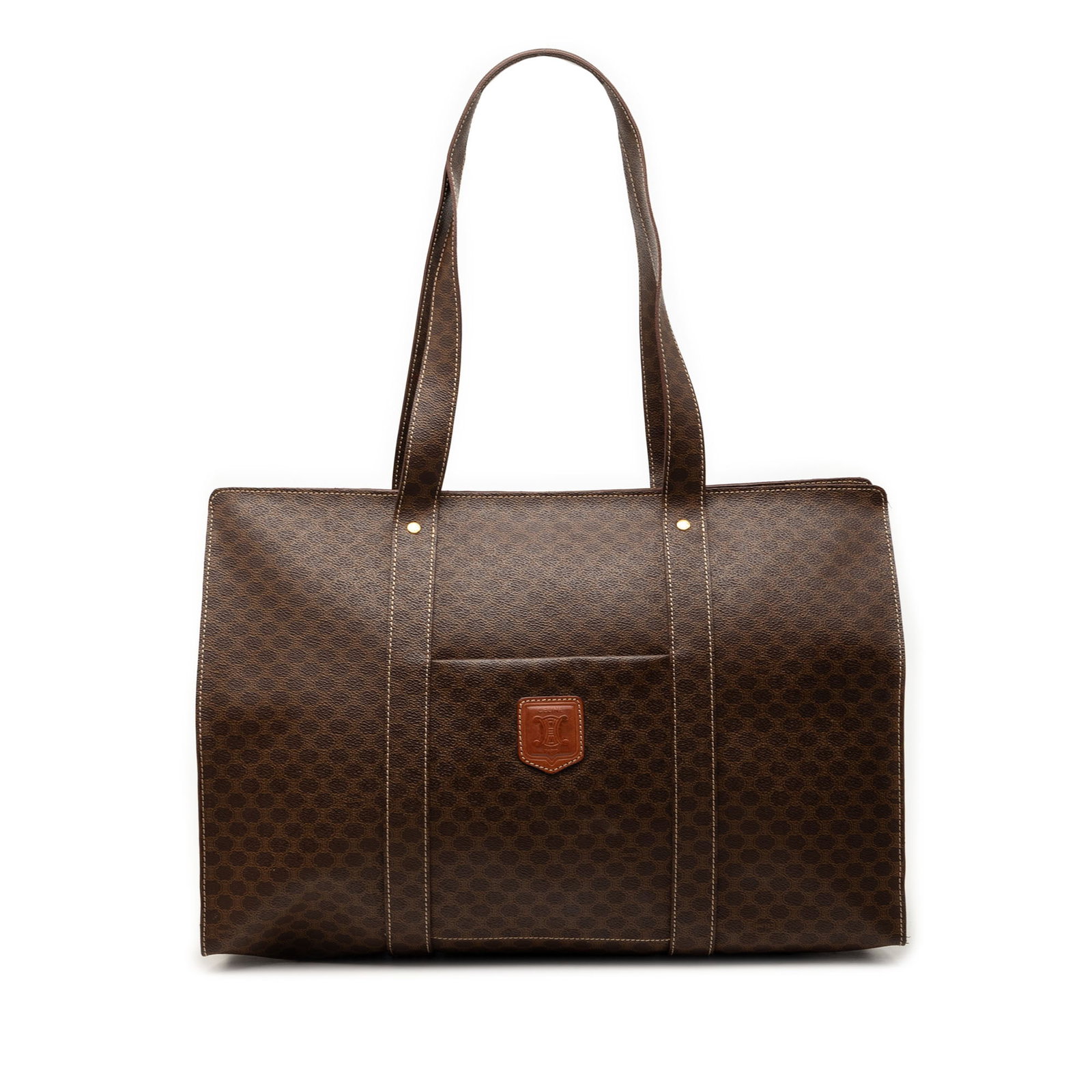 Celine Macadam Brown Coated Canvas Tote Bag with Leather Straps: Celine Macadam Brown Coated Canvas Tote Bag with Leather Straps This Celine Macadam tote bag features a coated canvas exterior with flat leather straps, a top zip closure, an exterior front slip pocke