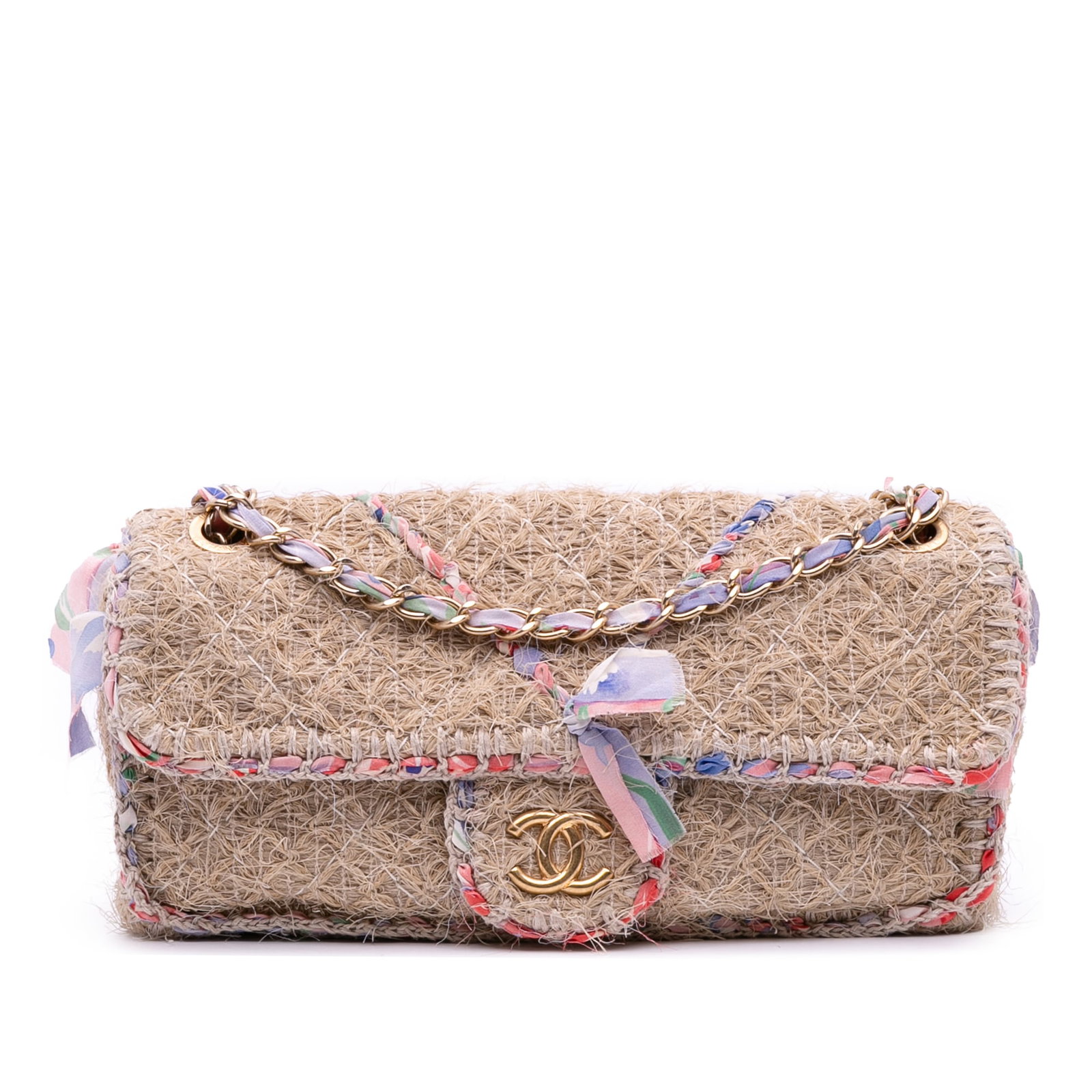 Chanel CC Straw Country Flap Crossbody Bag with Multicolor Ribbon: Chanel CC Straw Country Flap Crossbody Bag with Multicolor Ribbon The Chanel CC Straw Country Flap is a stylish crossbody bag crafted from a straw body adorned with vibrant multicolor ribbon details. 