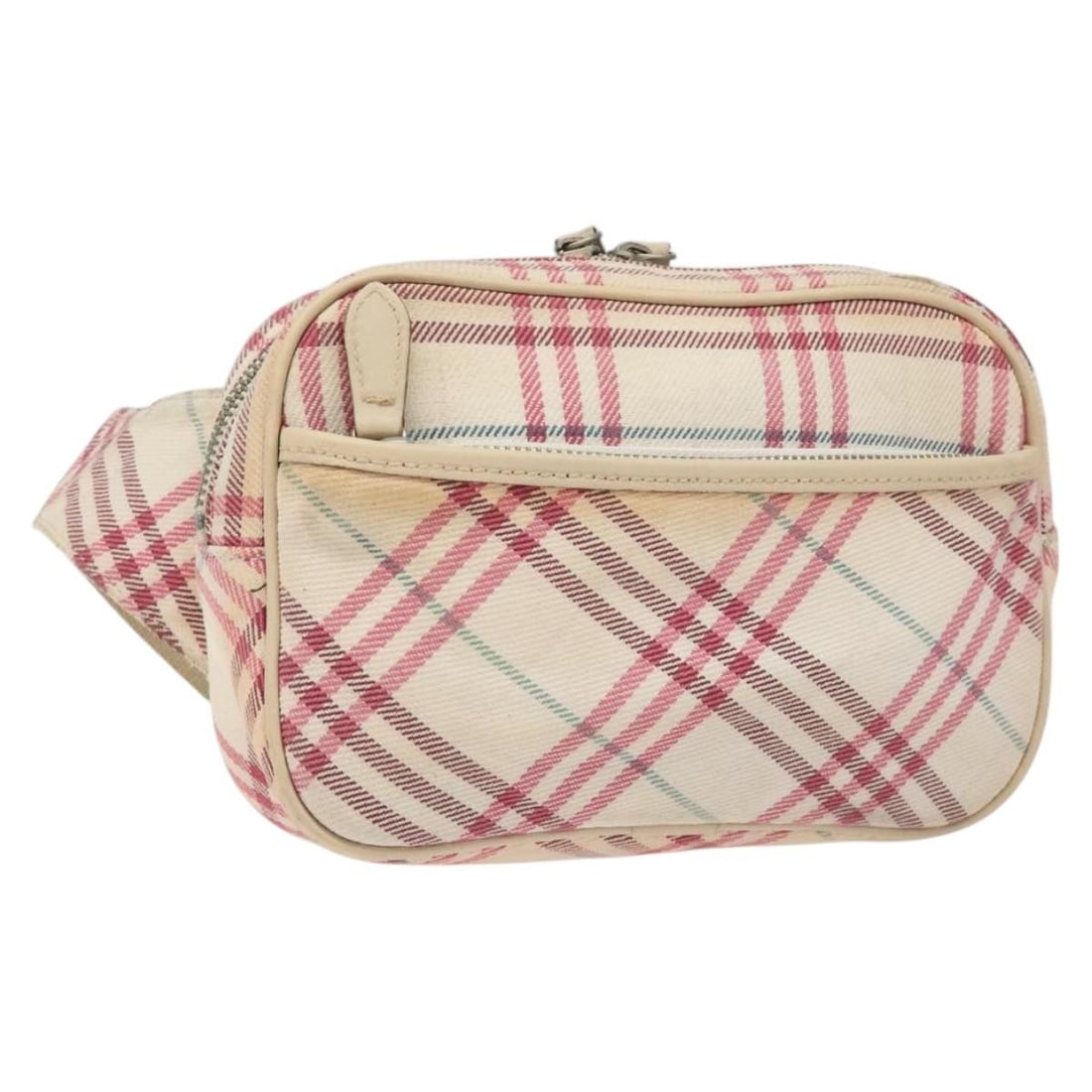 Burberry Blue Label Canvas Waist Bag in White and Pink Nova Check: Burberry Blue Label Canvas Waist Bag in White and Pink Nova Check This Burberry Nova Check Blue Label waist bag features a white and pink canvas exterior. Designed for women, the bag has a compact str