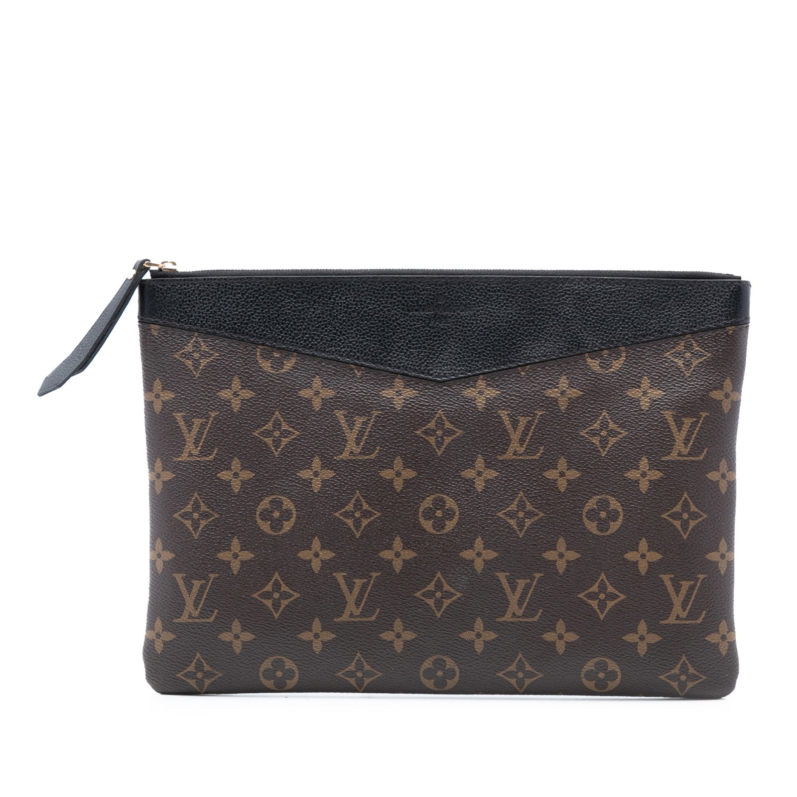 Louis Vuitton Monogram Canvas Daily Zip Pouch Brown Leather Trim: Louis Vuitton Monogram Canvas Daily Zip Pouch Brown Leather Trim This Louis Vuitton Monogram Daily Pouch features the iconic monogram canvas body with leather trim, a top zip closure, and an interior 