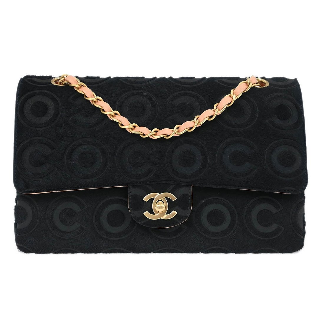 Chanel Medium Double Flap Shoulder Bag Black Pony Hair: Chanel Medium Double Flap Shoulder Bag Black Pony Hair This Chanel shoulder bag features a medium-sized silhouette crafted from black pony hair with a classic double flap design. It is accented with t