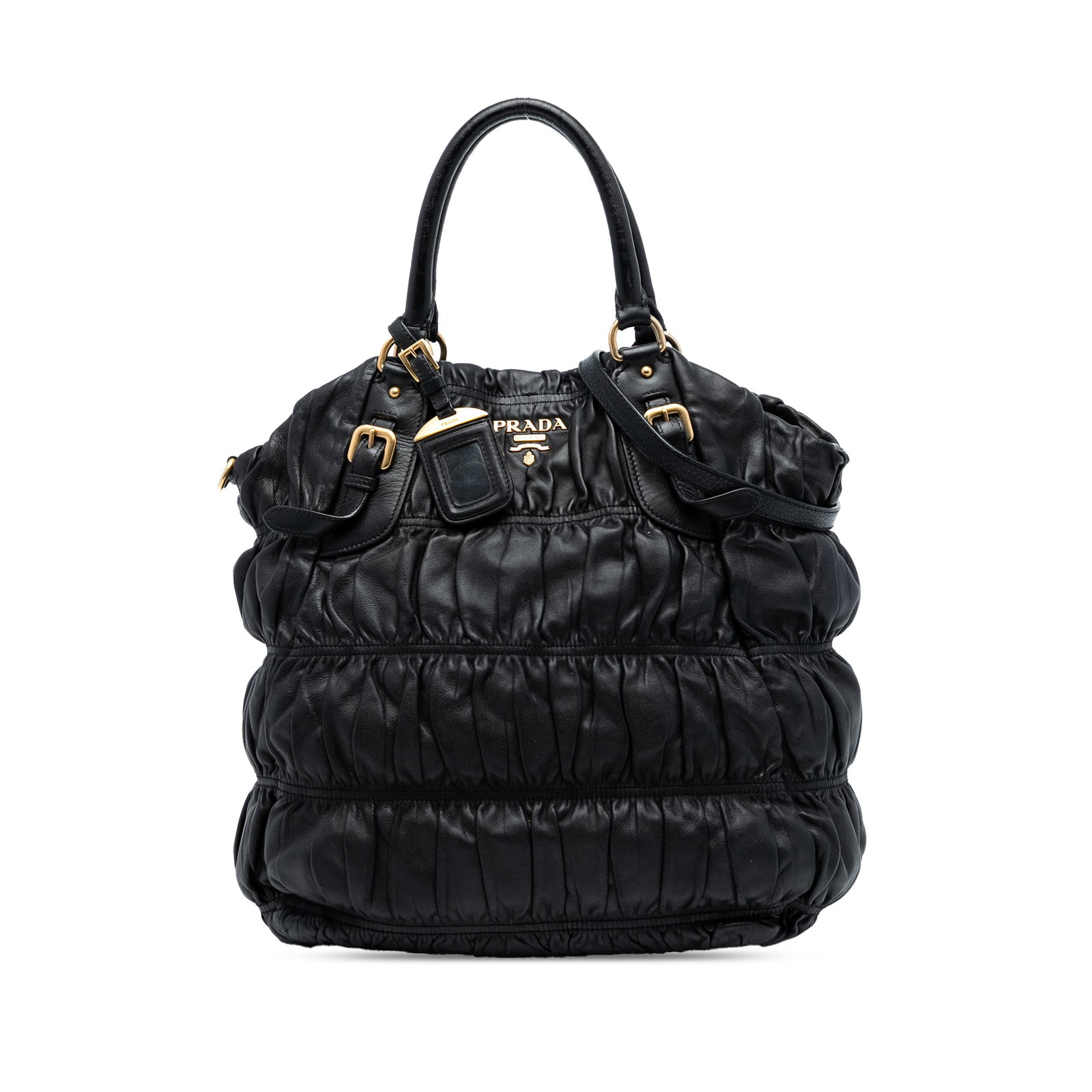 Prada Nappa Gaufre Satchel Black Leather with Gold Hardware: Prada Nappa Gaufre Satchel Black Leather with Gold Hardware The Prada Nappa Gaufre Satchel is a stylish and sophisticated accessory crafted from gathered black leather. It features gold-tone hardware,