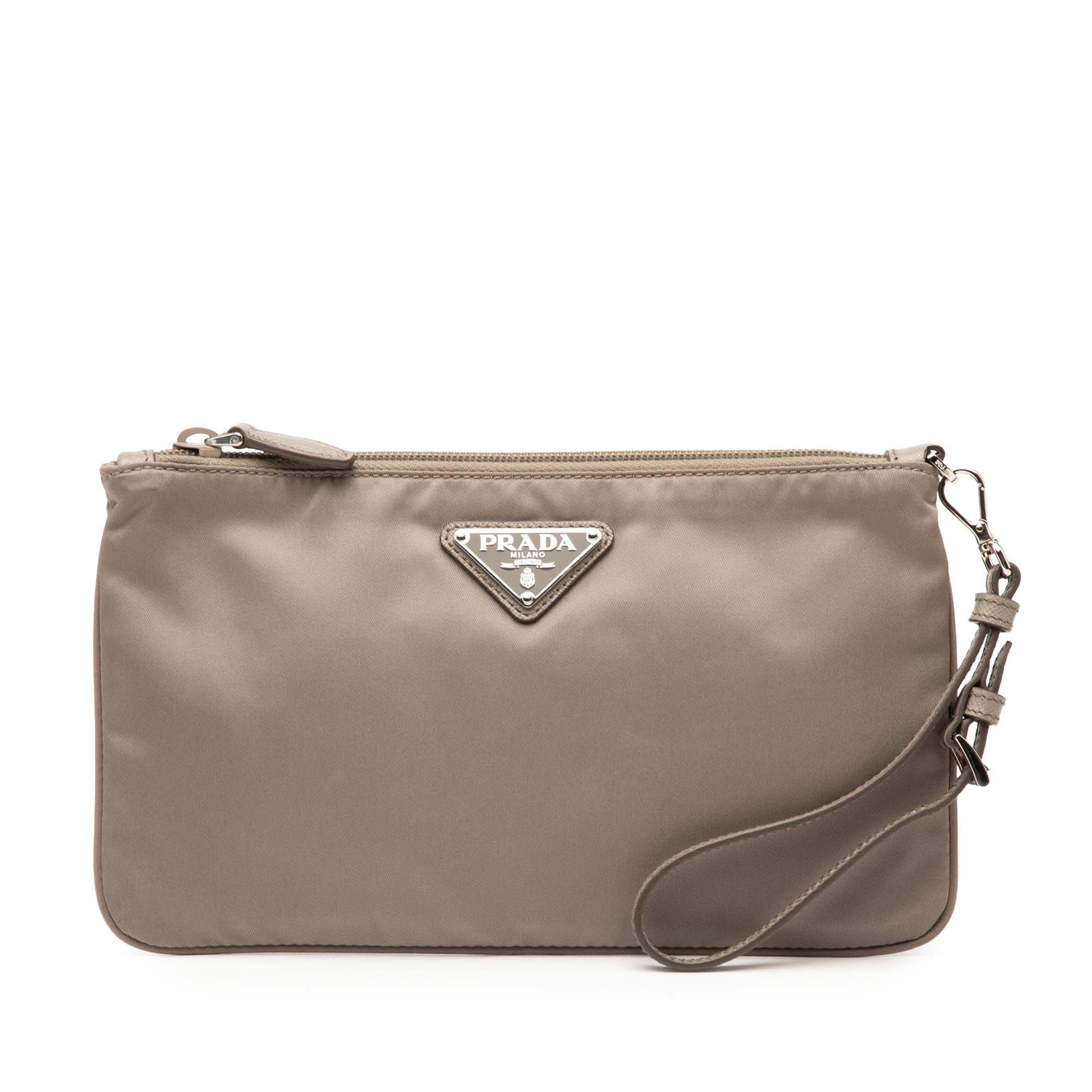 Prada Tessuto Brown Nylon Clutch with Leather Strap: Prada Tessuto Brown Nylon Clutch with Leather Strap Elevate your accessory collection with the Prada Tessuto Clutch, a stylish and practical bag perfect for various occasions. This clutch is crafted f