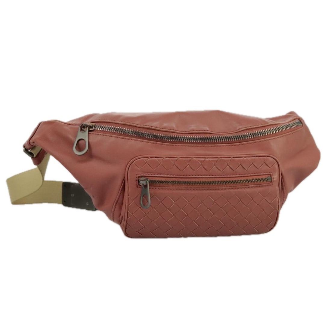 Pink Leather Waist Bag by Bottega Veneta for Women: Pink Leather Waist Bag by Bottega Veneta for Women This Bottega Veneta waist bag for women features a pink leather exterior and is crafted in Italy. The bag shows heavy use, including loss of shape, r
