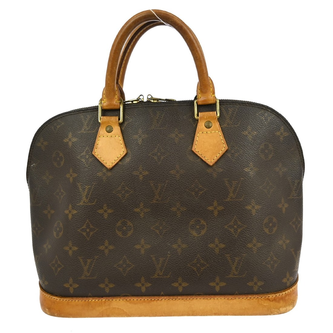 Louis Vuitton Alma Top Handle Bag Monogram Canvas Brown Medium: Louis Vuitton Alma Top Handle Bag Monogram Canvas Brown Medium This Louis Vuitton Monogram Alma handbag features the classic brown monogram canvas with beige double handles and a zip closure. The bag 