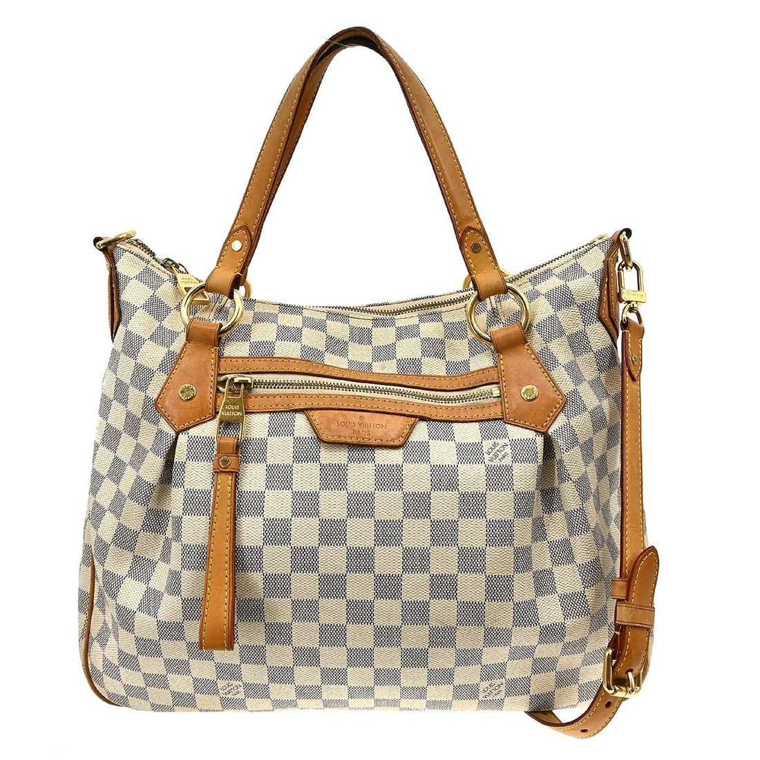 Louis Vuitton Evora MM Damier Azur Canvas 2-Way Top Handle Shoulder Bag: Louis Vuitton Evora MM Damier Azur Canvas 2-Way Top Handle Shoulder Bag This Louis Vuitton Evora MM handbag features the iconic Damier Azur canvas in a versatile 2-way design. The medium-sized bag off