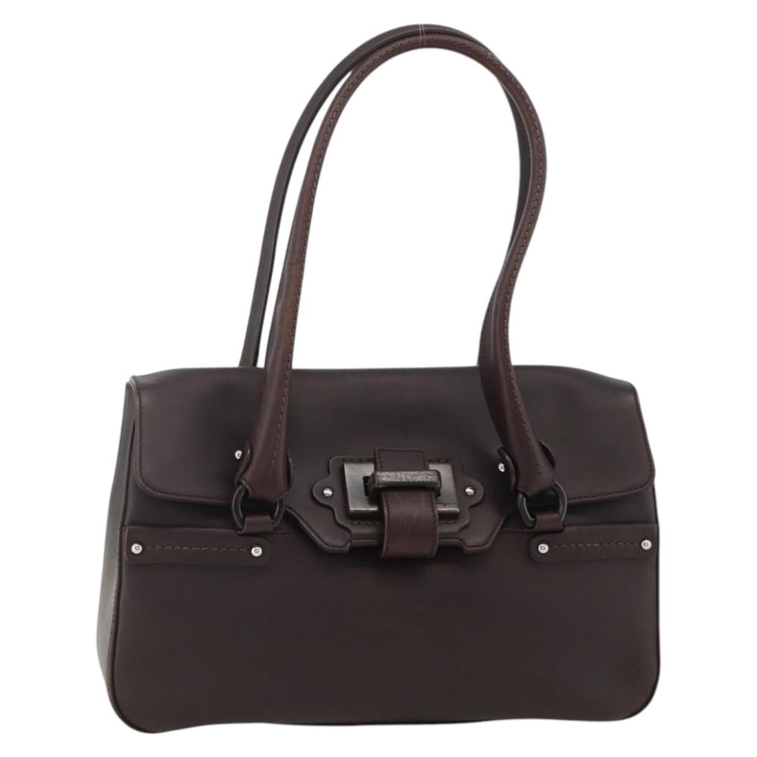 Salvatore Ferragamo Brown Leather Handbag with Silver Accents: Salvatore Ferragamo Brown Leather Handbag with Silver Accents This Salvatore Ferragamo handbag is crafted from brown leather with silver-tone accents. Designed for women, it features a structured silh