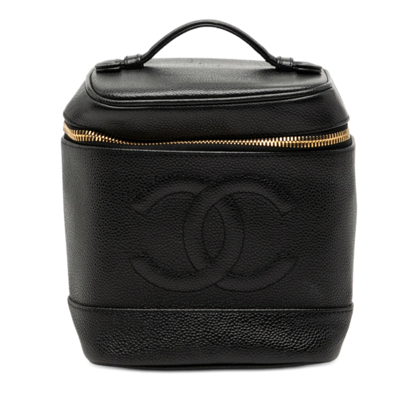 Black Caviar Leather Chanel Vanity Bag with Top Handle and Zip Closure: Black Caviar Leather Chanel Vanity Bag with Top Handle and Zip Closure This Chanel CC Caviar Vanity Bag features a durable caviar leather body in black, complemented by a flat leather top handle and a