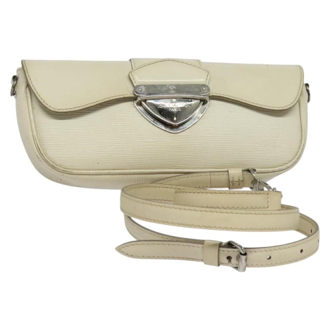 LOUIS VUITTON Epi Pochette Montaigne Shoulder Bag White Yvoire M5929J: LOUIS VUITTON Epi Pochette Montaigne Shoulder Bag White Yvoire M5929J This Louis Vuitton Epi Pochette Montaigne Bag showcases a stunning white/yvoire color, crafted from durable Epi leather. Designed 