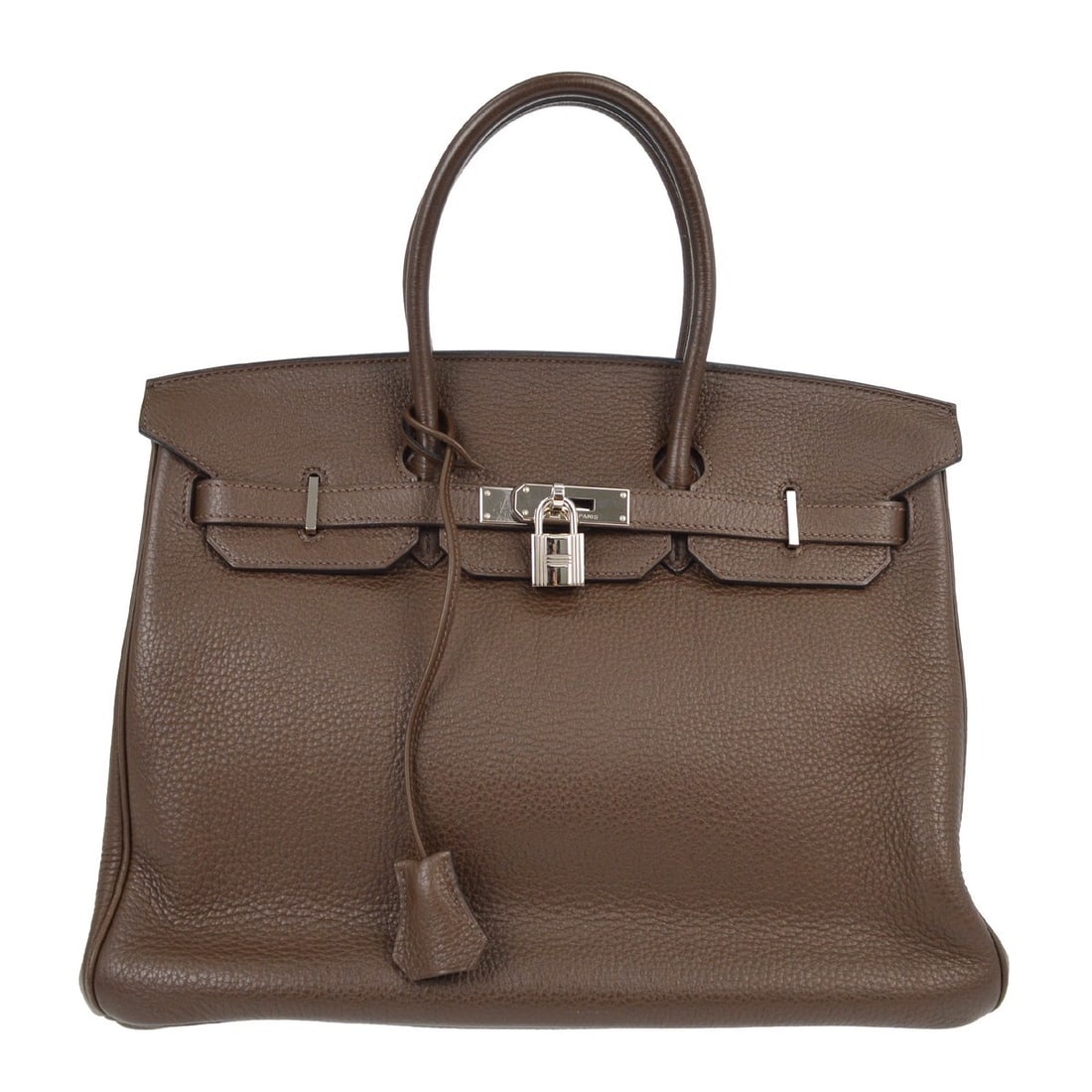 Birkin 35 Large Brown Leather Satchel by Hermes Cacao Taurillon Clemence: Birkin 35 Large Brown Leather Satchel by Hermes Cacao Taurillon Clemence This Hermes Birkin 35 handbag is crafted from Cacao Taurillon Clemence leather in a rich brown shade. Featuring a large size wi