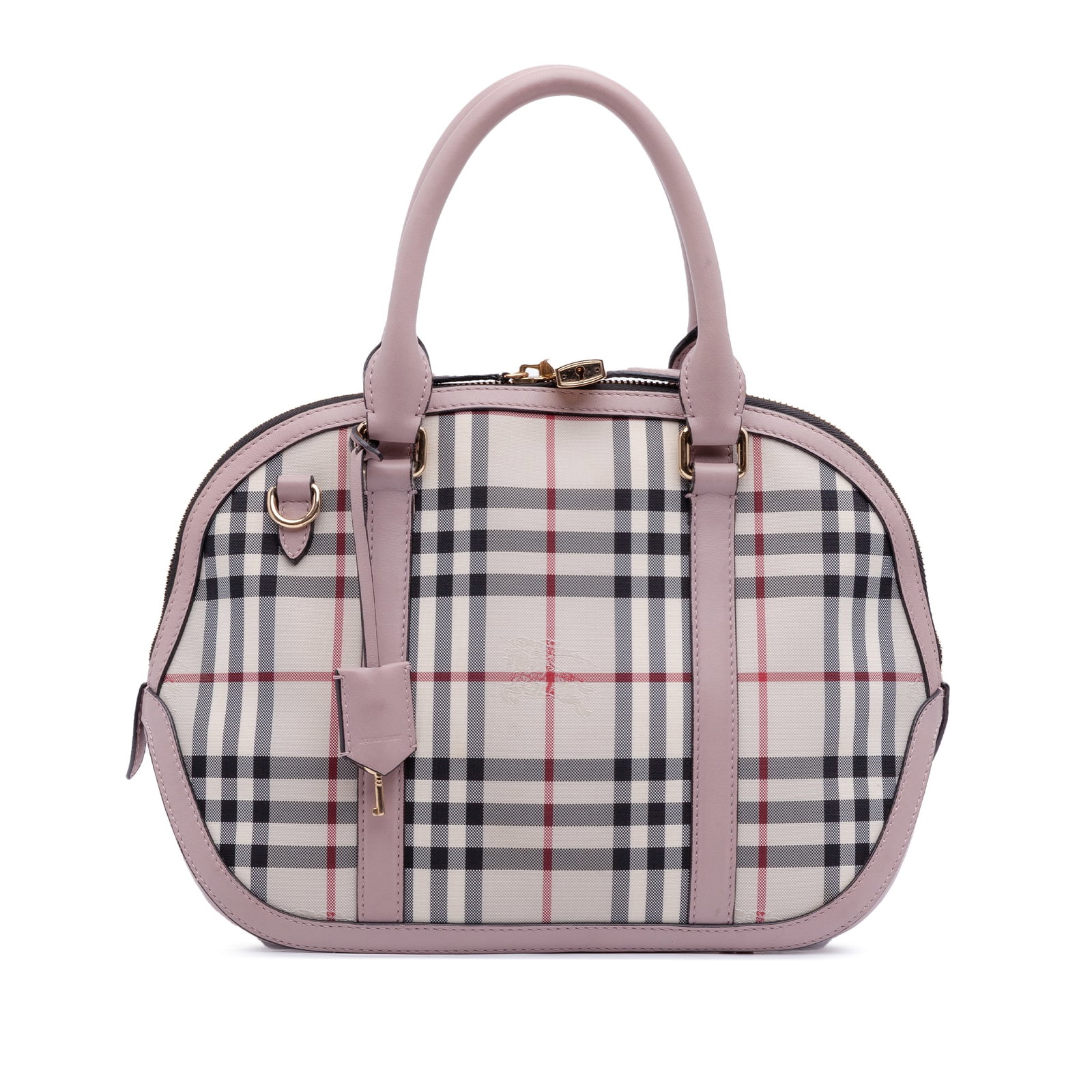 Burberry Orchard Small Bowling Bag in Haymarket Check Canvas with Leather Trim: Burberry Orchard Small Bowling Bag in Haymarket Check Canvas with Leather Trim This Burberry Small Haymarket Check Orchard Bowling Bag features a coated canvas body accented with leather trim, rolled 