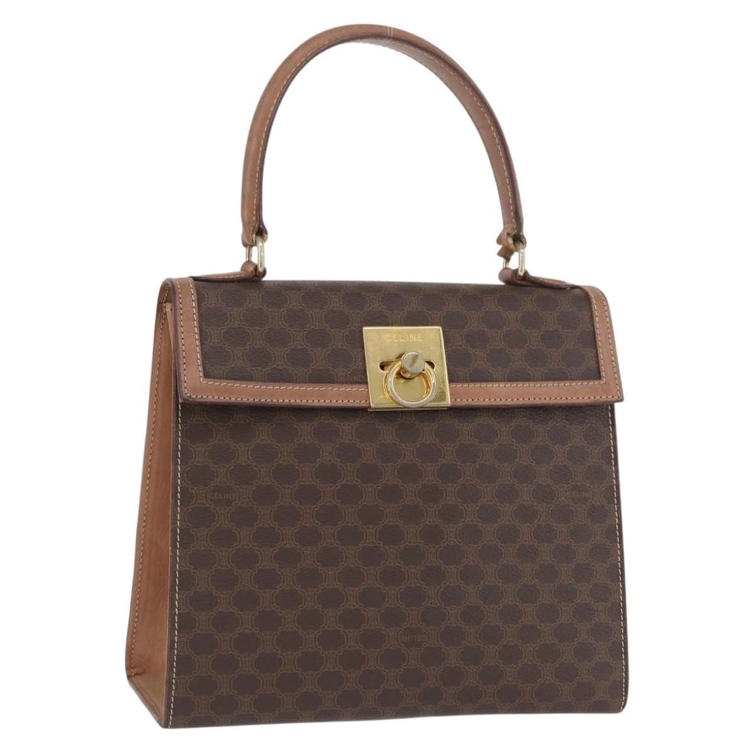 Celine Macadam Brown PVC and Leather Handbag with Gold Accents: Celine Macadam Brown PVC and Leather Handbag with Gold Accents This CELINE Macadam Canvas hand bag features a classic brown and gold color scheme with PVC leather and signature Macadam canvas exterior