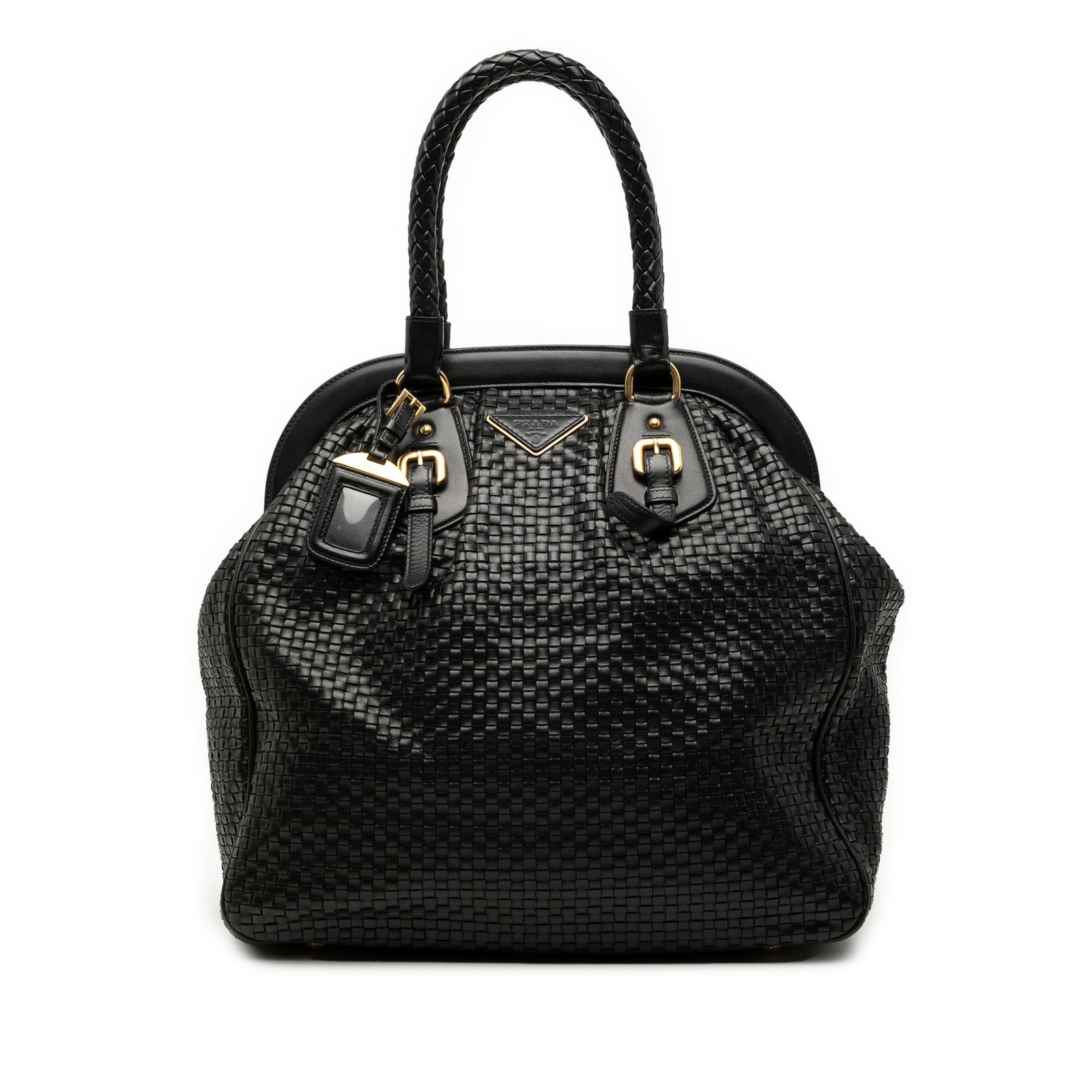 Prada Madras Woven Leather Tote Bag Black Frame Design: Prada Madras Woven Leather Tote Bag Black Frame Design This Prada Goatskin Woven Madras Frame Tote features a woven goatskin leather body with rolled woven leather handles. The bag is designed with a 