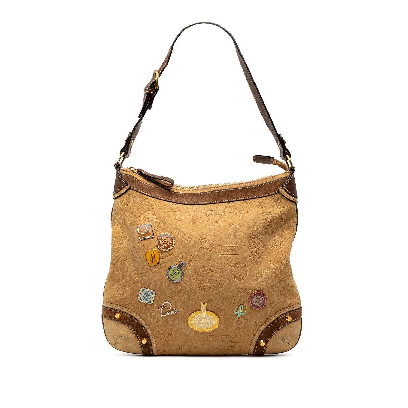 Loewe Fiel A La Piel Brown Suede Embossed Logo Shoulder Bag: Loewe Fiel A La Piel Brown Suede Embossed Logo Shoulder Bag This LOEWE Fiel A La Piel shoulder bag features a brown suede body with an embossed logo, complemented by an adjustable leather shoulder str