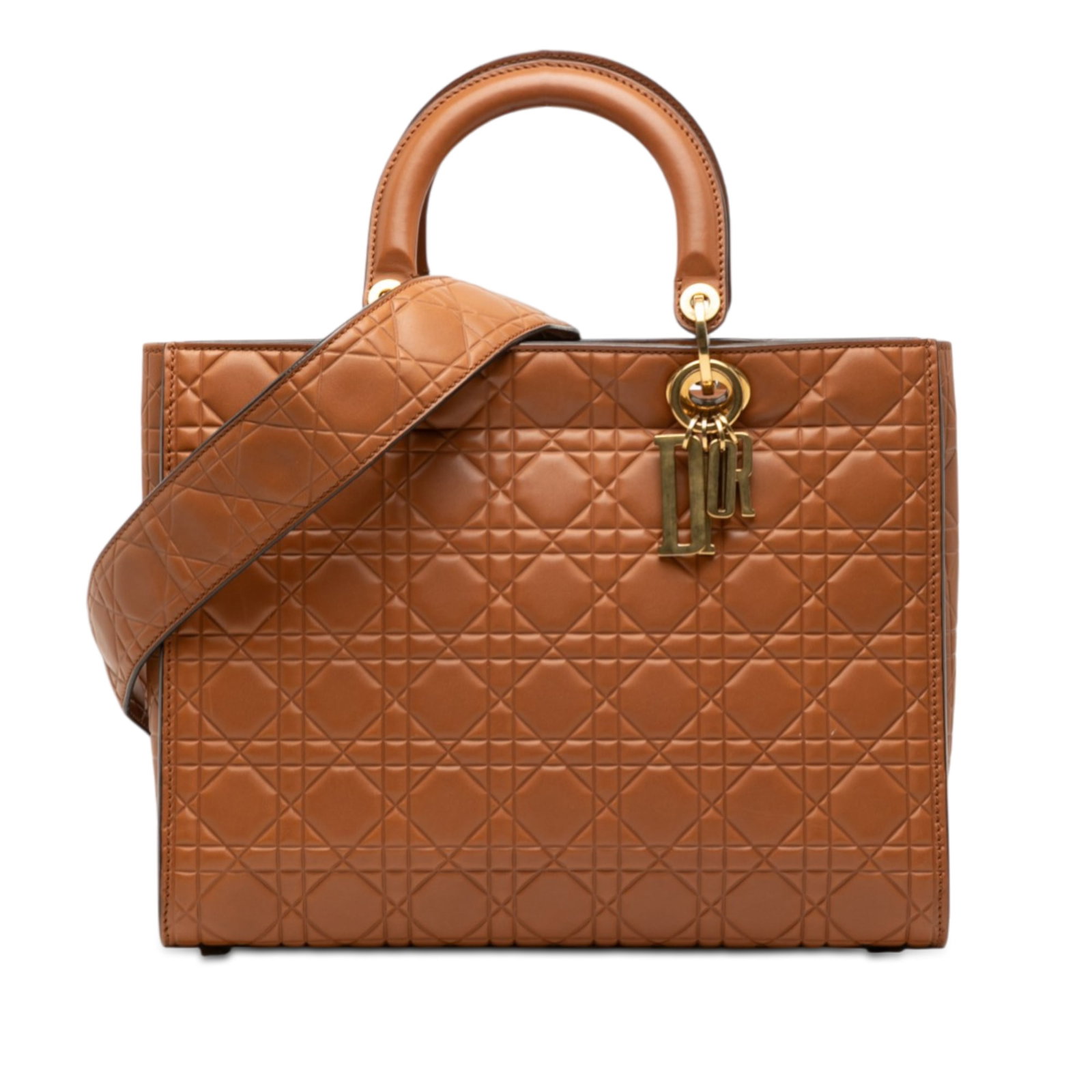 Dior Lady Dior Large Brown Cannage Embossed Ultra Matte Calfskin Bag: Dior Lady Dior Large Brown Cannage Embossed Ultra Matte Calfskin Bag This Lady Dior bag features an embossed leather body with a Cannage pattern, gold-tone hardware, flat leather top handles, a detach