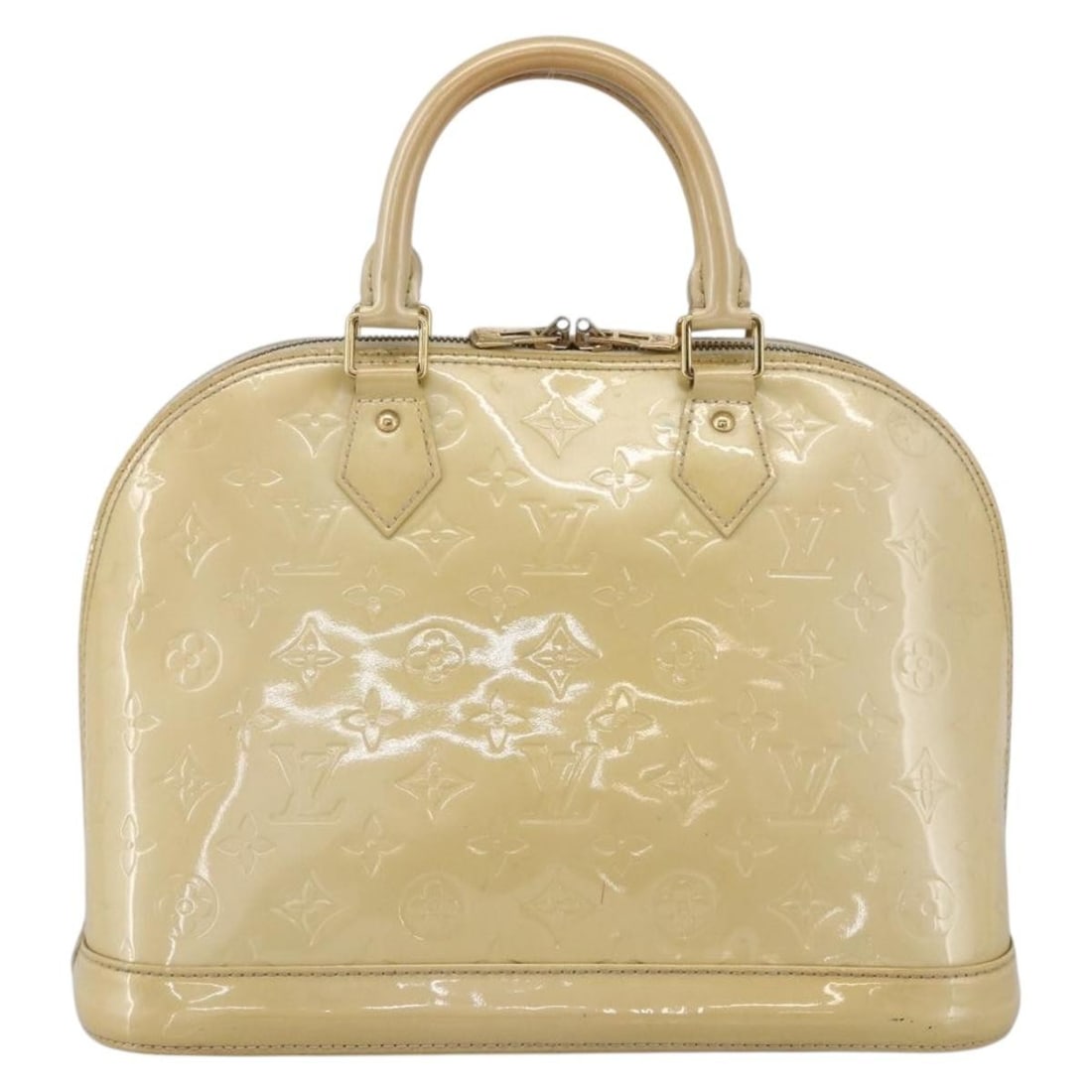 Alma Monogram Vernis Beige Patent Leather Satchel by Louis Vuitton: Alma Monogram Vernis Beige Patent Leather Satchel by Louis Vuitton This Louis Vuitton Alma handbag features the signature Monogram Vernis design in beige patent leather. Designed for women, it offers 