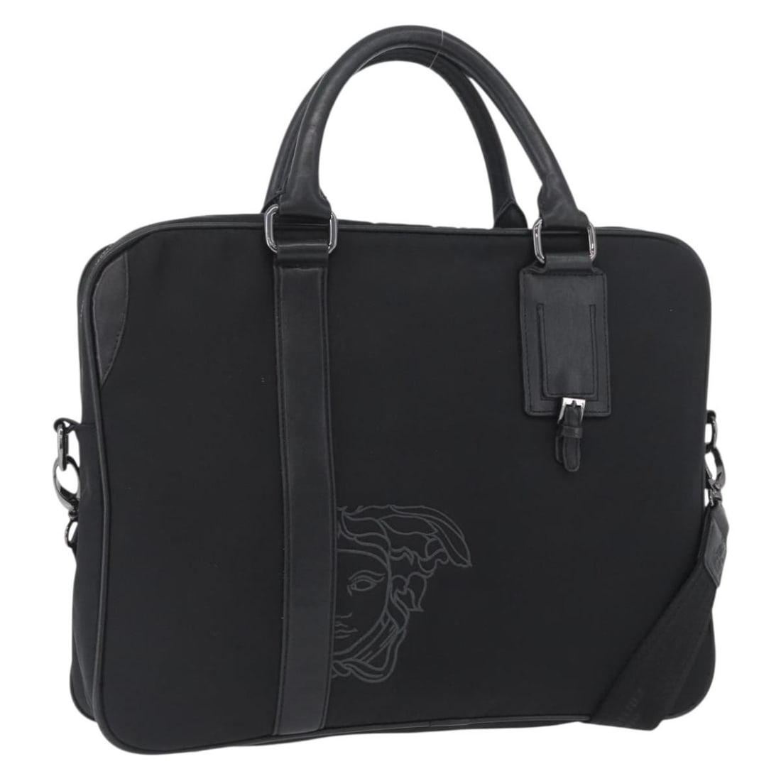 Black Nylon Versace Convertible Shoulder and Handbag with Strap: Black Nylon Versace Convertible Shoulder and Handbag with Strap This Versace women's handbag is crafted from black nylon and offers a versatile 2-way design with both handles and a detachable shoulder