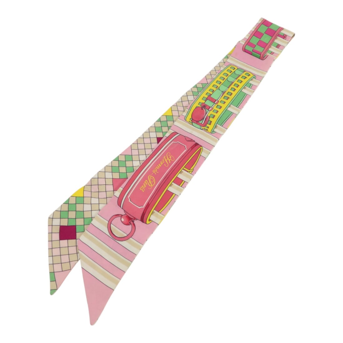 Hermes Silk Twilly Pink and Multicolor Women's Scarf: Hermes Silk Twilly Pink and Multicolor Women's Scarf This Hermes Twilly scarf is crafted from luxurious silk and features a vibrant pink, green, and multicolor design. Made in France, it is designed f
