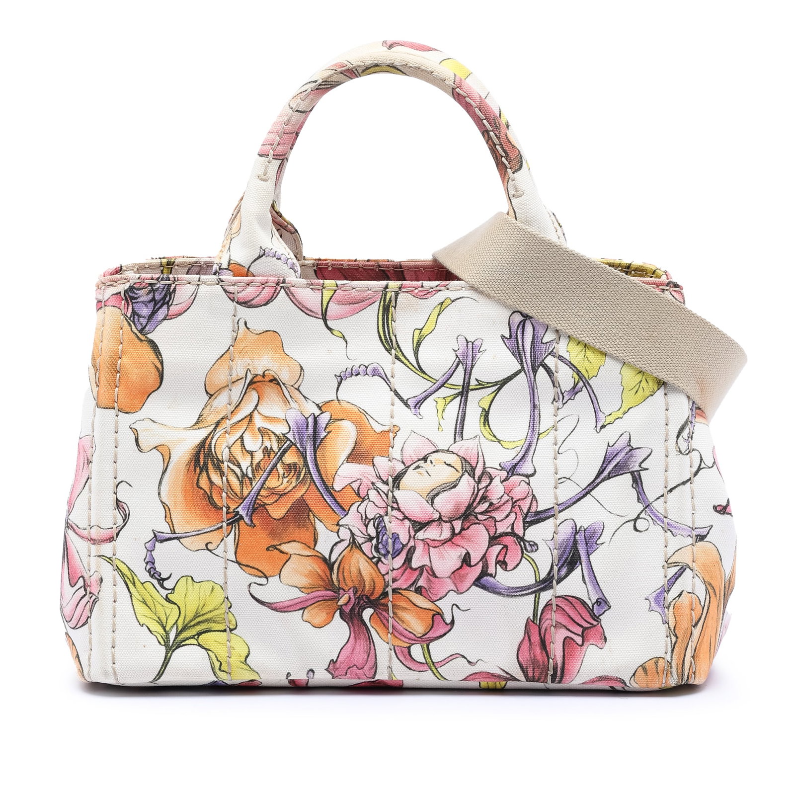 Prada Canapa Small Satchel with Floral Canvas Design: Prada Canapa Small Satchel with Floral Canvas Design This Prada Small Floral Printed Canvas Canapa Satchel features a vibrant floral printed canvas body with rolled handles, an open top, and interior 