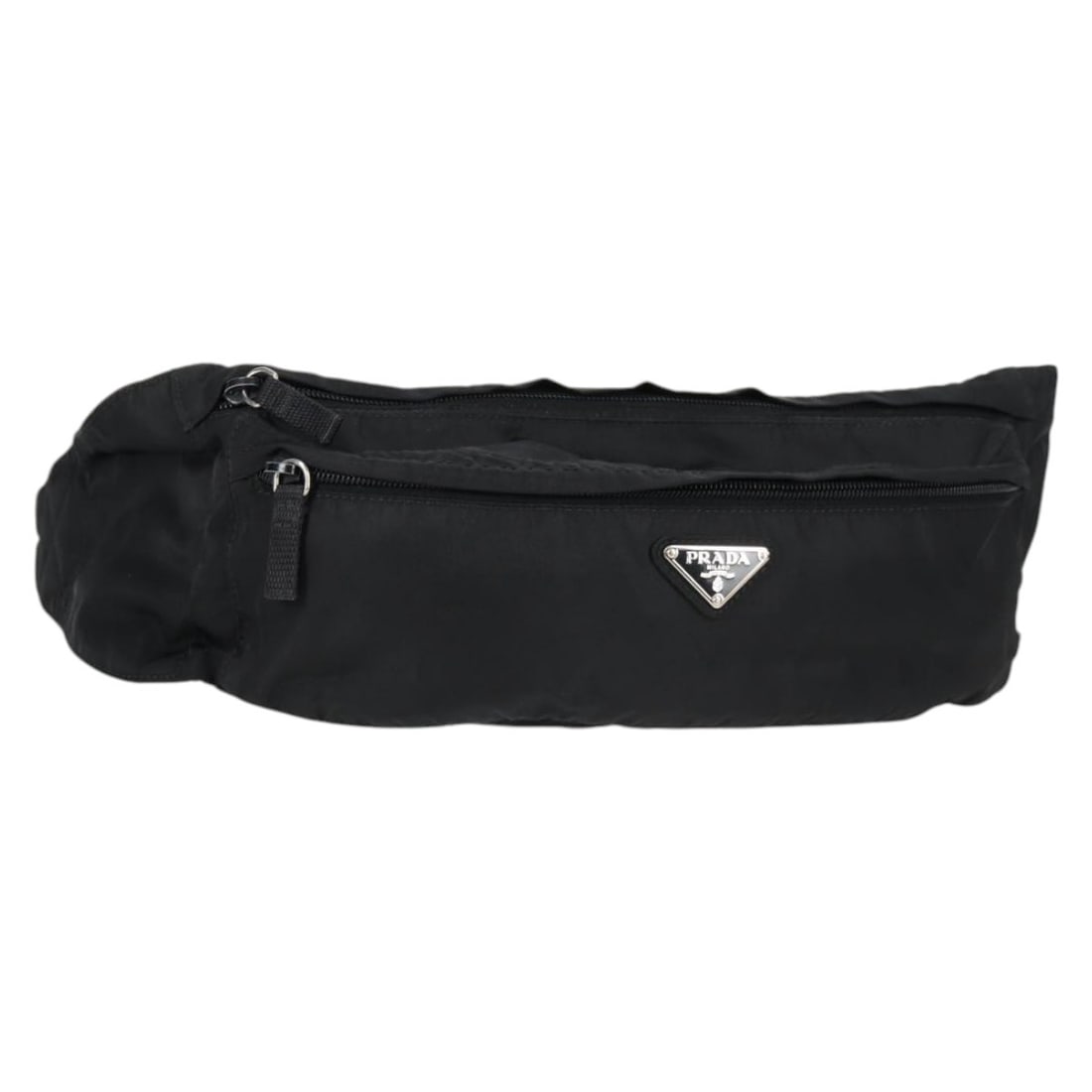 Black Nylon PRADA Waist Bag with Silver Accents for Women: Black Nylon PRADA Waist Bag with Silver Accents for Women This Prada waist bag features a sleek black and silver design crafted from durable nylon. Designed for women, it is made in Italy and offers a