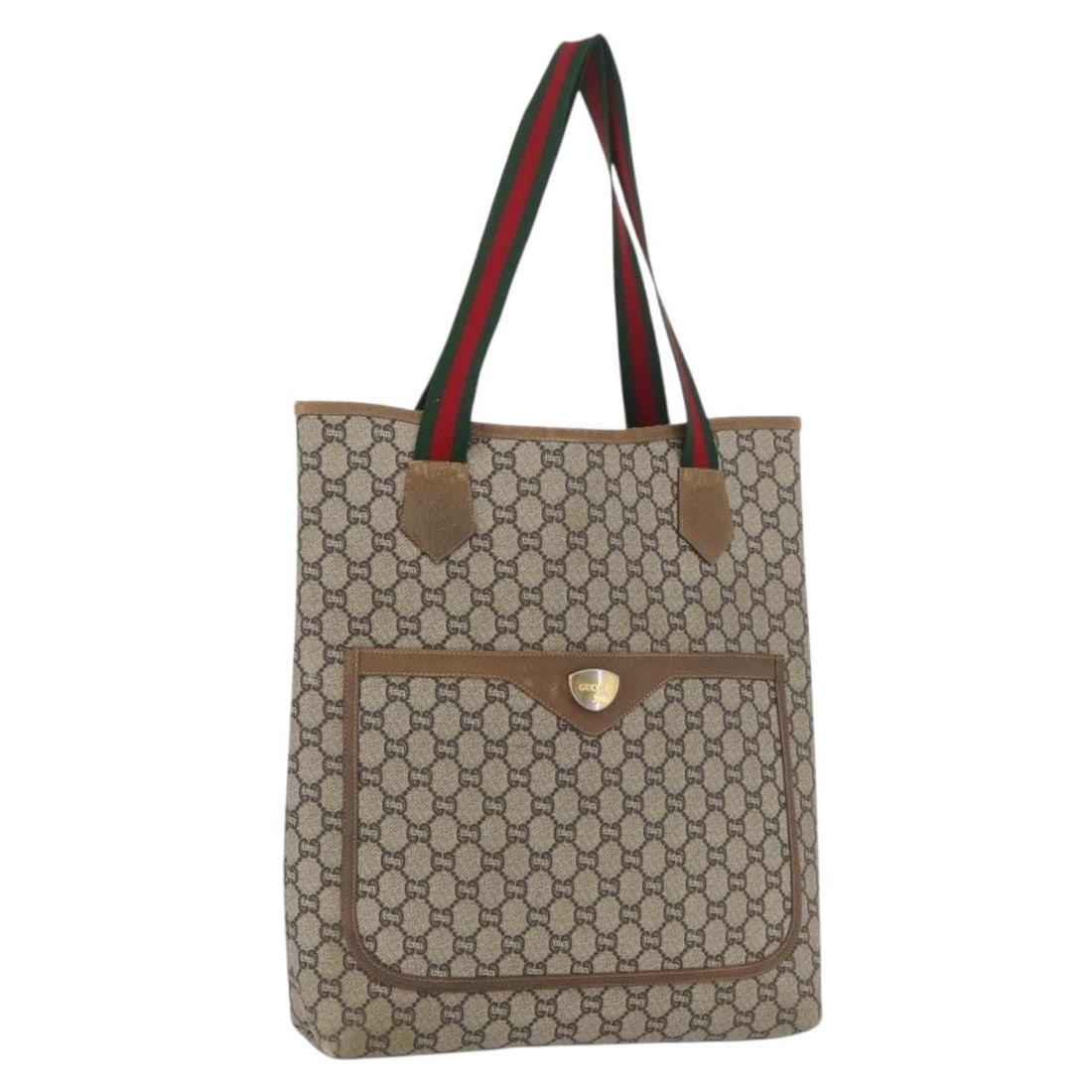 Gucci Beige GG Supreme Sherry Line PVC Tote Bag Gold Accents: Gucci Beige GG Supreme Sherry Line PVC Tote Bag Gold Accents This is a Gucci GG Plus Supreme Web Sherry Line tote bag crafted from beige and gold PVC leather with GG canvas. Designed for women, the to