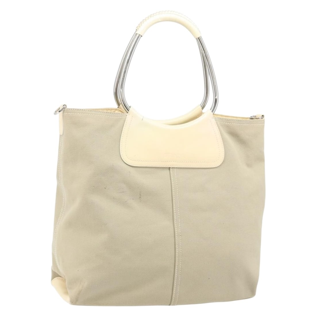 Prada Beige Canvas Women's Handbag with Silver Accents Made in Italy: Prada Beige Canvas Women's Handbag with Silver Accents Made in Italy This PRADA handbag features a beige and silver canvas exterior, offering a stylish and practical accessory for everyday use. Design