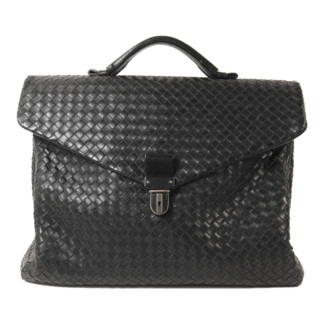 Bottega Veneta Black Calfskin Briefcase with Silver Hardware: Bottega Veneta Black Calfskin Briefcase with Silver Hardware This Bottega Veneta briefcase is crafted from high-quality black calfskin leather, designed specifically for business use. With a classic s