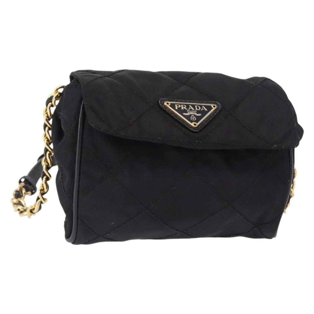 Black Nylon Shoulder Bag by PRADA with Gold Chain Strap: Black Nylon Shoulder Bag by PRADA with Gold Chain Strap This PRADA chain shoulder bag is crafted from black nylon with gold-tone accents. The bag features a structured silhouette with a chain shoulder