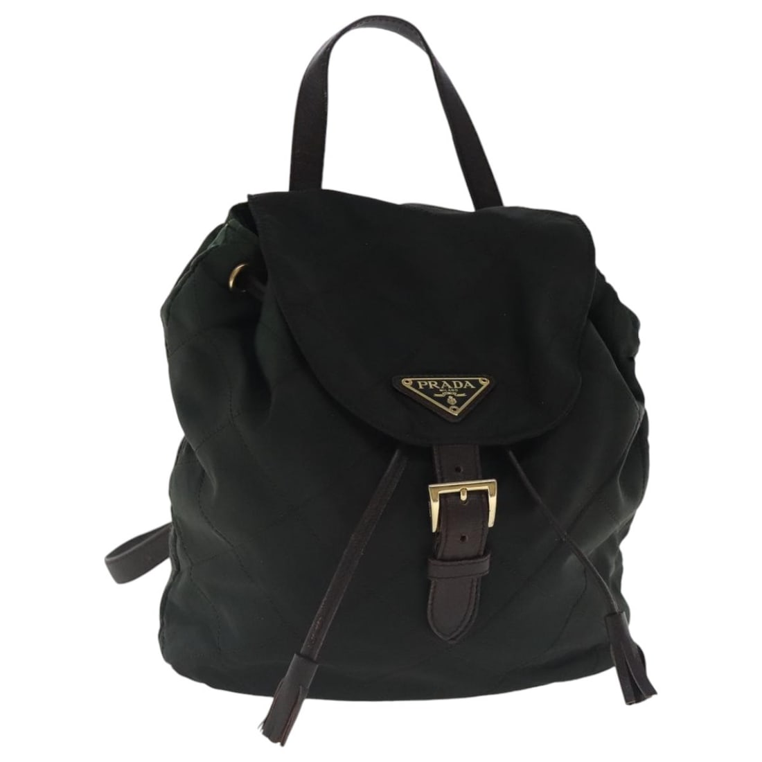 Green Nylon Prada Backpack with Gold Accents for Women: Green Nylon Prada Backpack with Gold Accents for Women This PRADA backpack features a green and gold nylon exterior, designed for women. Made in Italy, it offers a compact and practical style with a m
