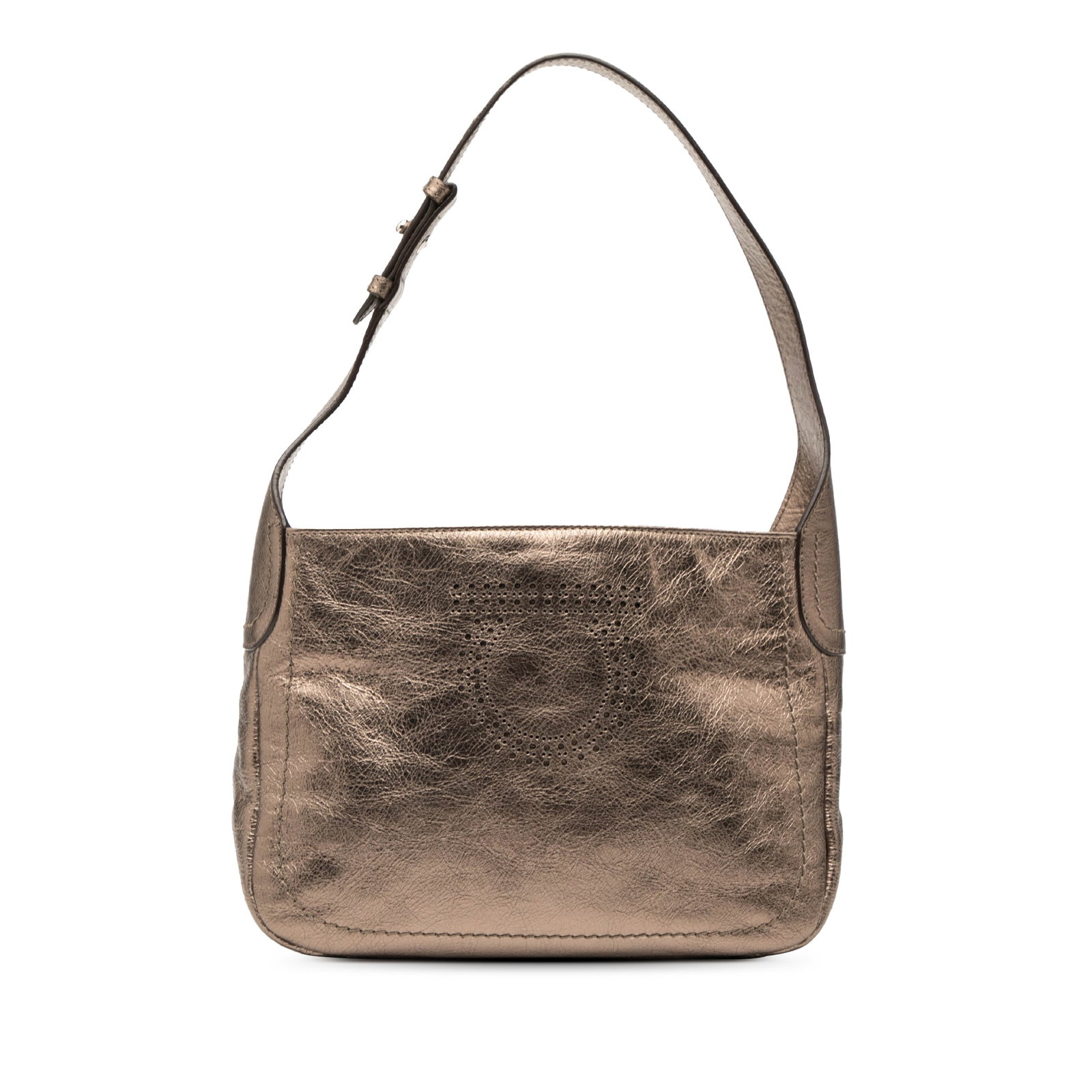 Brown Ferragamo Gancini Perforated Metallic Leather Shoulder Bag: Brown Ferragamo Gancini Perforated Metallic Leather Shoulder Bag This Ferragamo shoulder bag features a metallic perforated leather body in brown, complemented by a flat leather strap and a top zip cl