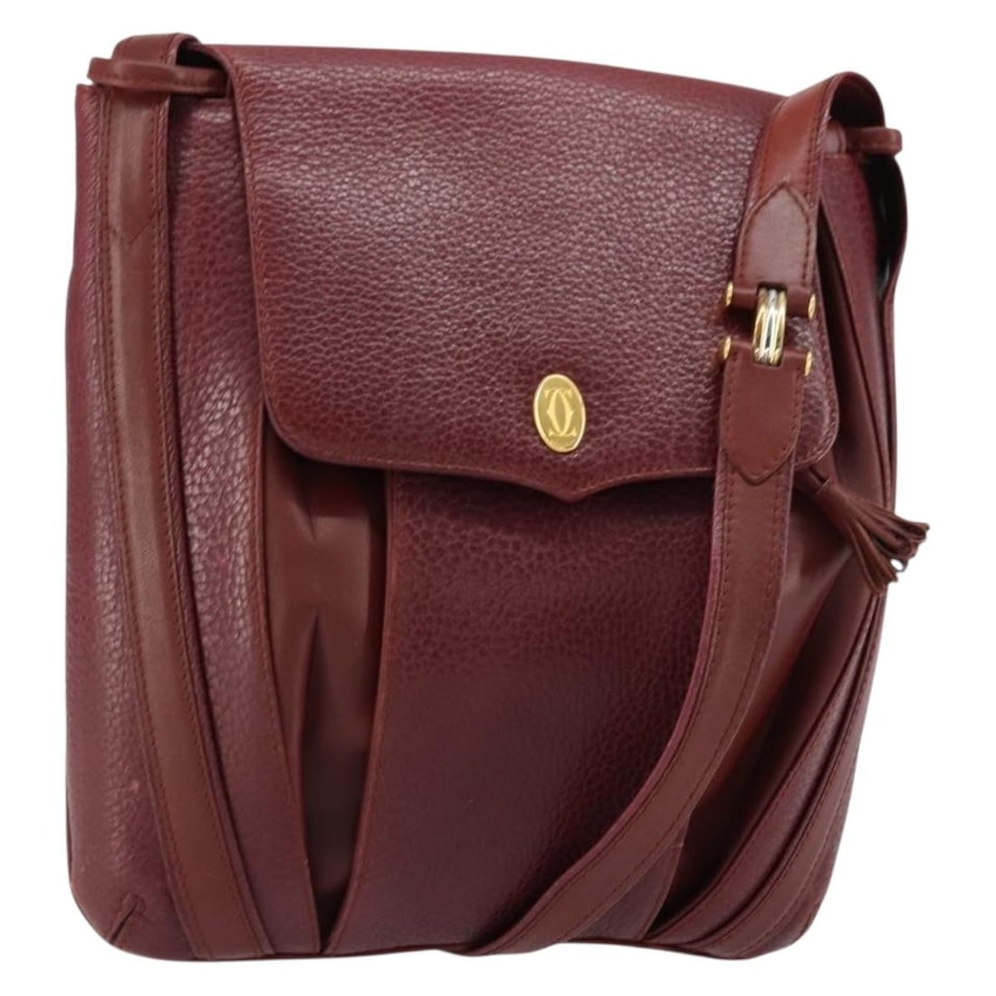 CARTIER Bordeaux Gold Leather Shoulder Bag with Auth Card: CARTIER Bordeaux Gold Leather Shoulder Bag with Auth Card This elegant CARTIER shoulder bag showcases a sophisticated bordeaux leather exterior accented with gold hardware. Crafted in Spain, this bag 