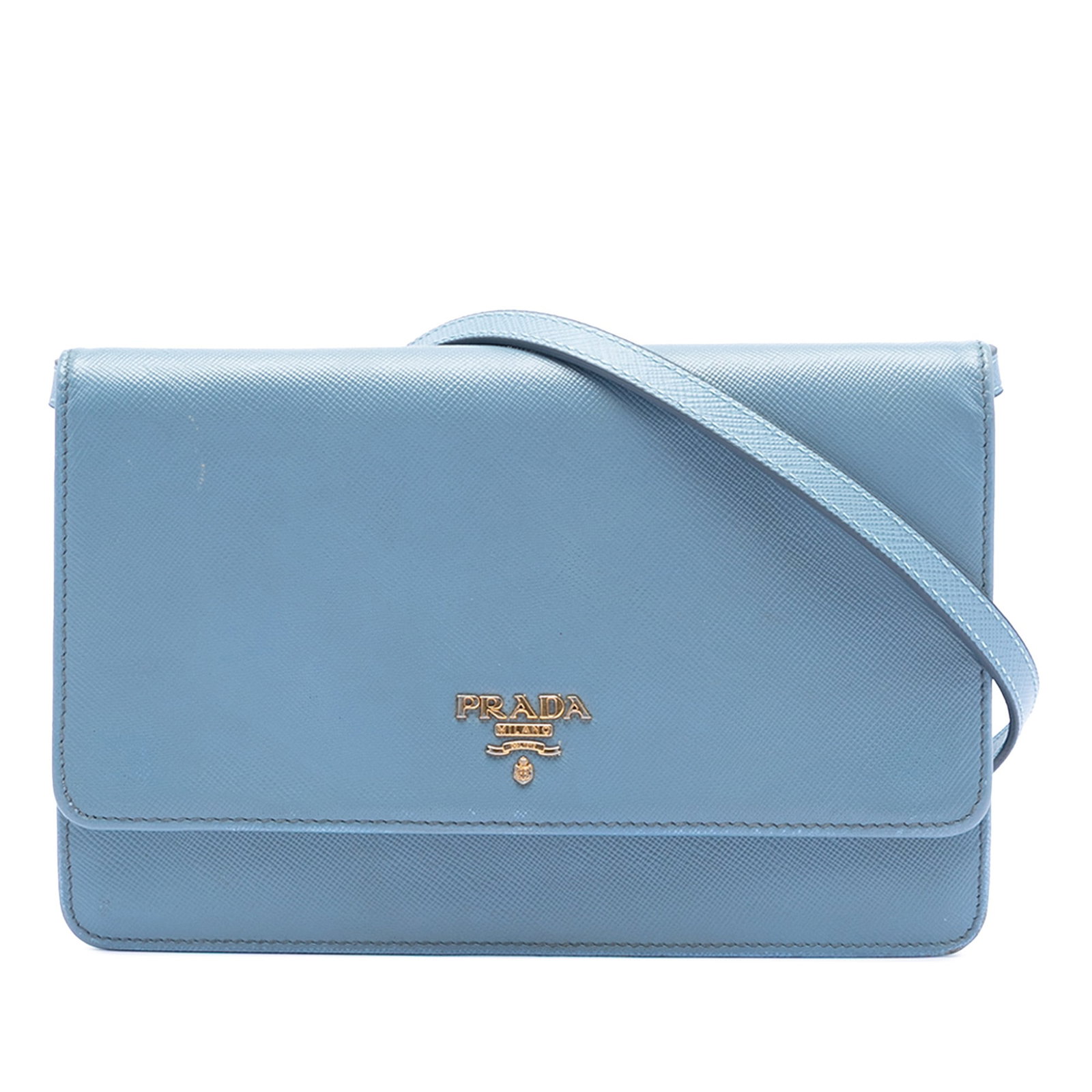 Blue Saffiano Leather Long Wallet with Strap by Prada: Blue Saffiano Leather Long Wallet with Strap by Prada This Prada Saffiano Wallet on Strap is crafted from blue saffiano leather and features a flat leather strap, a top flap with magnetic snap button 