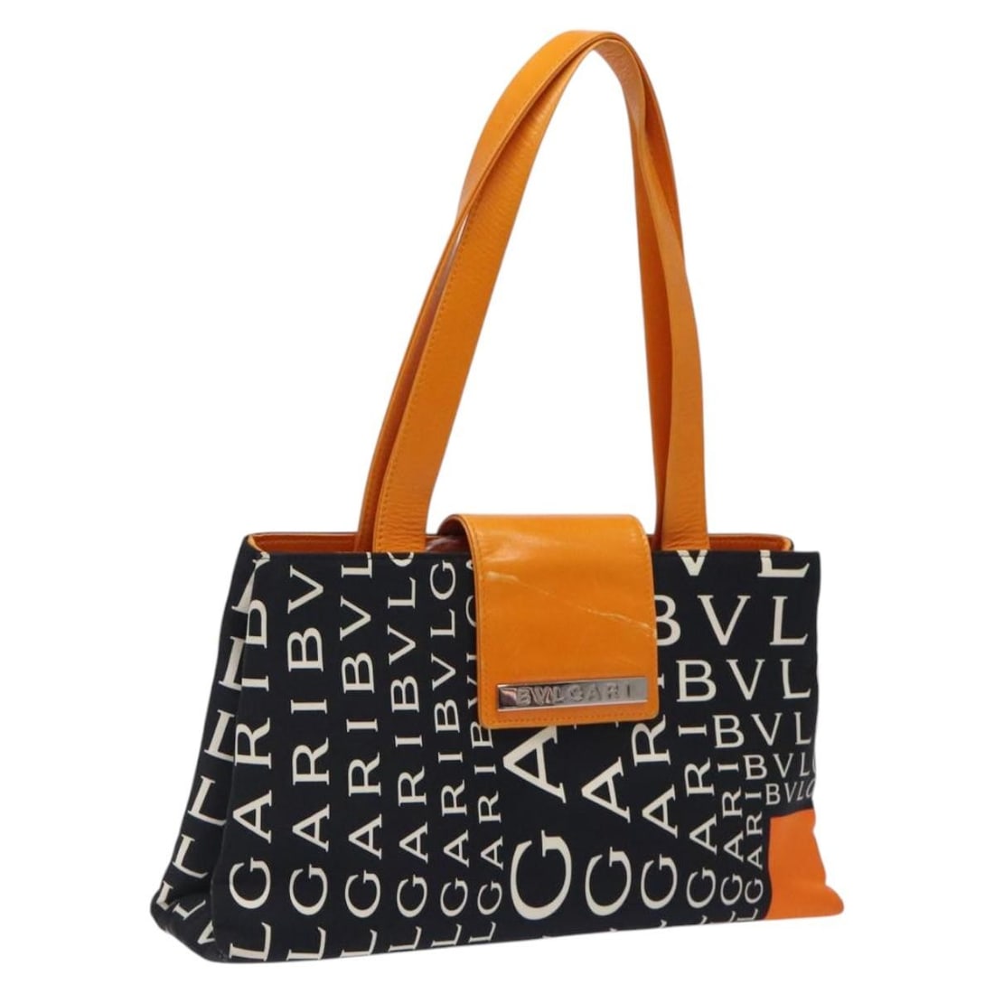 BVLGARI Black Canvas Shoulder Purse with Silver Details Italy: BVLGARI Black Canvas Shoulder Purse with Silver Details Italy This BVLGARI shoulder bag features a black and silver canvas exterior with silver-tone accents. Designed for women, it offers a compact an