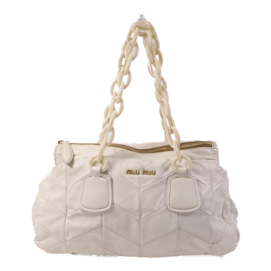 White Lambskin Shoulder Bag by Miu Miu with Gold Hardware: White Lambskin Shoulder Bag by Miu Miu with Gold Hardware This Miu Miu shoulder bag is crafted from white lambskin leather and features a classic design. Designed for women, it offers a regular size a