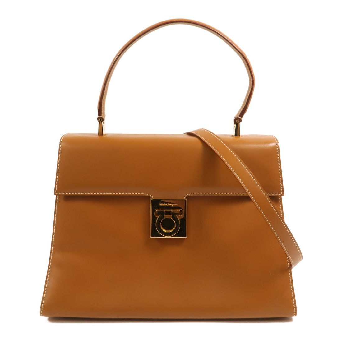 Salvatore Ferragamo Brown Calfskin Gancini Two Way Shoulder Bag Gold Hardware: Salvatore Ferragamo Brown Calfskin Gancini Two Way Shoulder Bag Gold Hardware This Salvatore Ferragamo Gancini 2 Way Shoulder Bag features gold hardware and is crafted from brown calfskin leather. Des