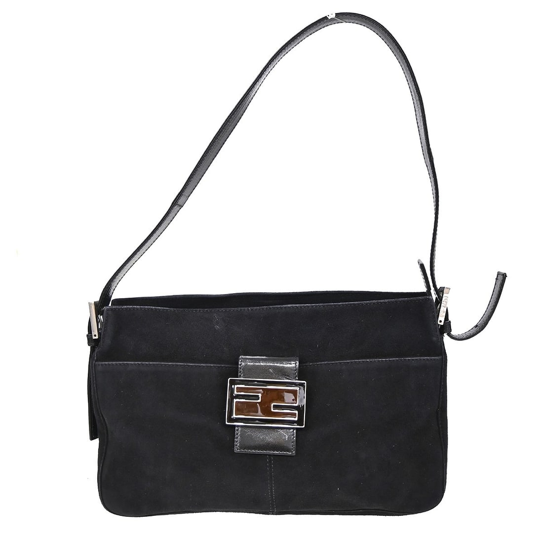 Fendi FF Small Black Suede Top Handle Bag with Silver Hardware: Fendi FF Small Black Suede Top Handle Bag with Silver Hardware This Fendi handbag features a black suede leather exterior with a top handle design and a magnetic closure. The small-sized bag is accent