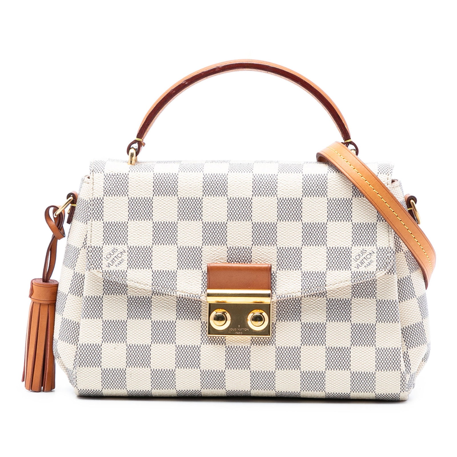 Louis Vuitton Croisette Damier Azur Canvas Bag with Tassel and Strap: Louis Vuitton Croisette Damier Azur Canvas Bag with Tassel and Strap This Louis Vuitton Damier Azur Croisette bag features a damier azur canvas body with vachetta leather trim and a leather tassel det