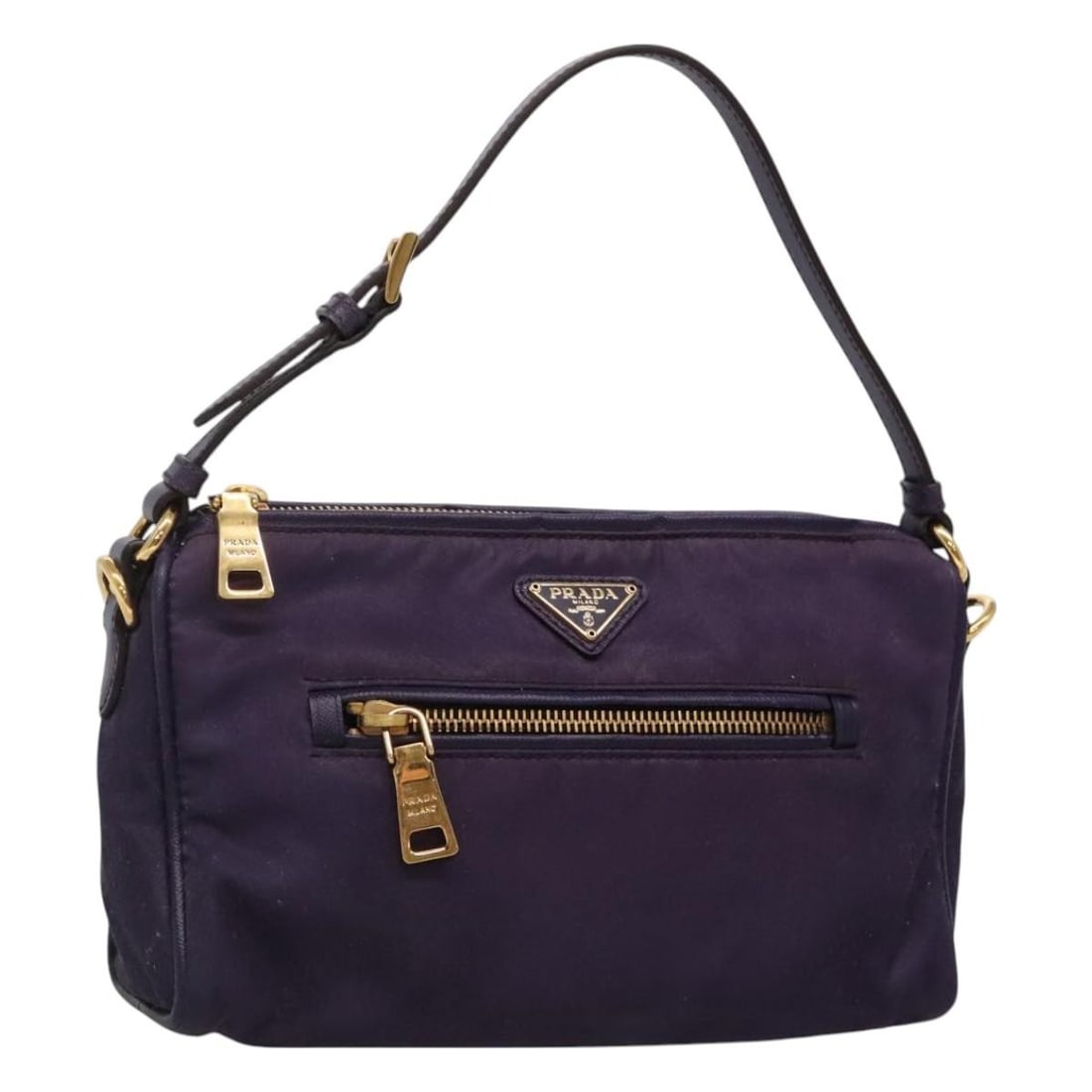 PRADA Purple Gold Nylon Shoulder Bag Authentic 130933 Made in Italy: PRADA Purple Gold Nylon Shoulder Bag Authentic 130933 Made in Italy This PRADA shoulder bag is crafted in Italy from durable nylon, featuring a striking purple and gold color scheme. With approximate 