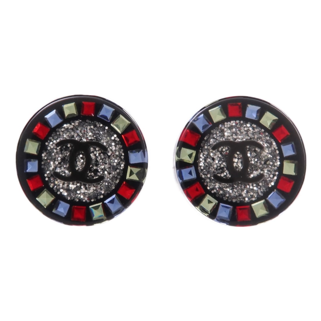 CHANEL Multicolor CC Logo Pierced Earrings Black Silver Tone: CHANEL Multicolor CC Logo Pierced Earrings Black Silver Tone These CHANEL CC earrings feature a pierced design crafted from PVC and metal in a stylish black and multicolor palette. Designed for women,