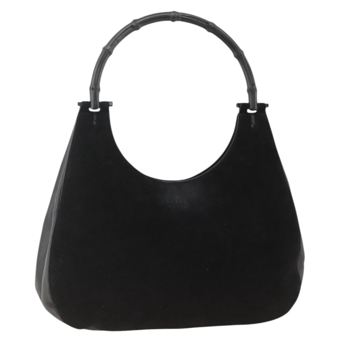 Black Suede Bamboo Handle Handbag by Gucci 001 3760 Italy: Black Suede Bamboo Handle Handbag by Gucci 001 3760 Italy This is a Gucci Bamboo Hand Bag crafted from black suede, designed specifically for women. The handbag features bamboo handles with an approxi