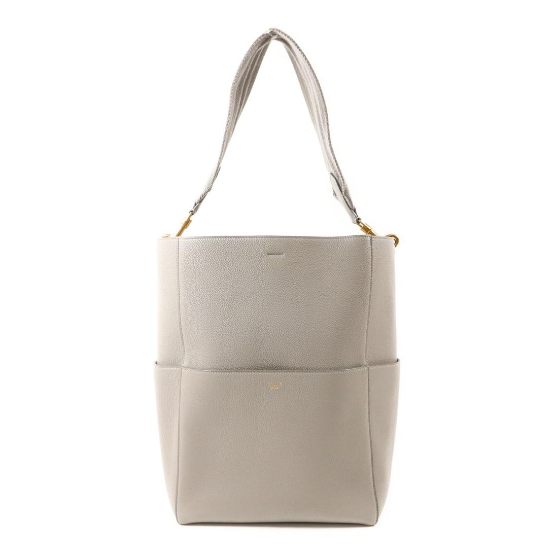 Celine Sangle Bucket Shoulder Bag Grey Calfskin Gold Hardware: Celine Sangle Bucket Shoulder Bag Grey Calfskin Gold Hardware This Celine Sangle Bucket shoulder bag is crafted from gray calfskin leather and features a spacious design ideal for everyday use. Design