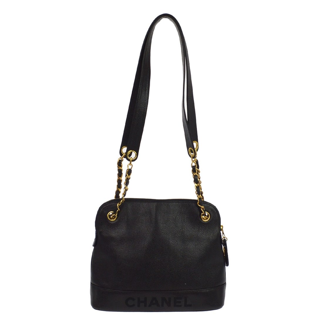 Medium Black Leather Shoulder Purse with Canvas Lining by Chanel: Medium Black Leather Shoulder Purse with Canvas Lining by Chanel This Chanel black calfskin shoulder bag features a medium-sized silhouette with a canvas lining and practical pockets. Designed for cas