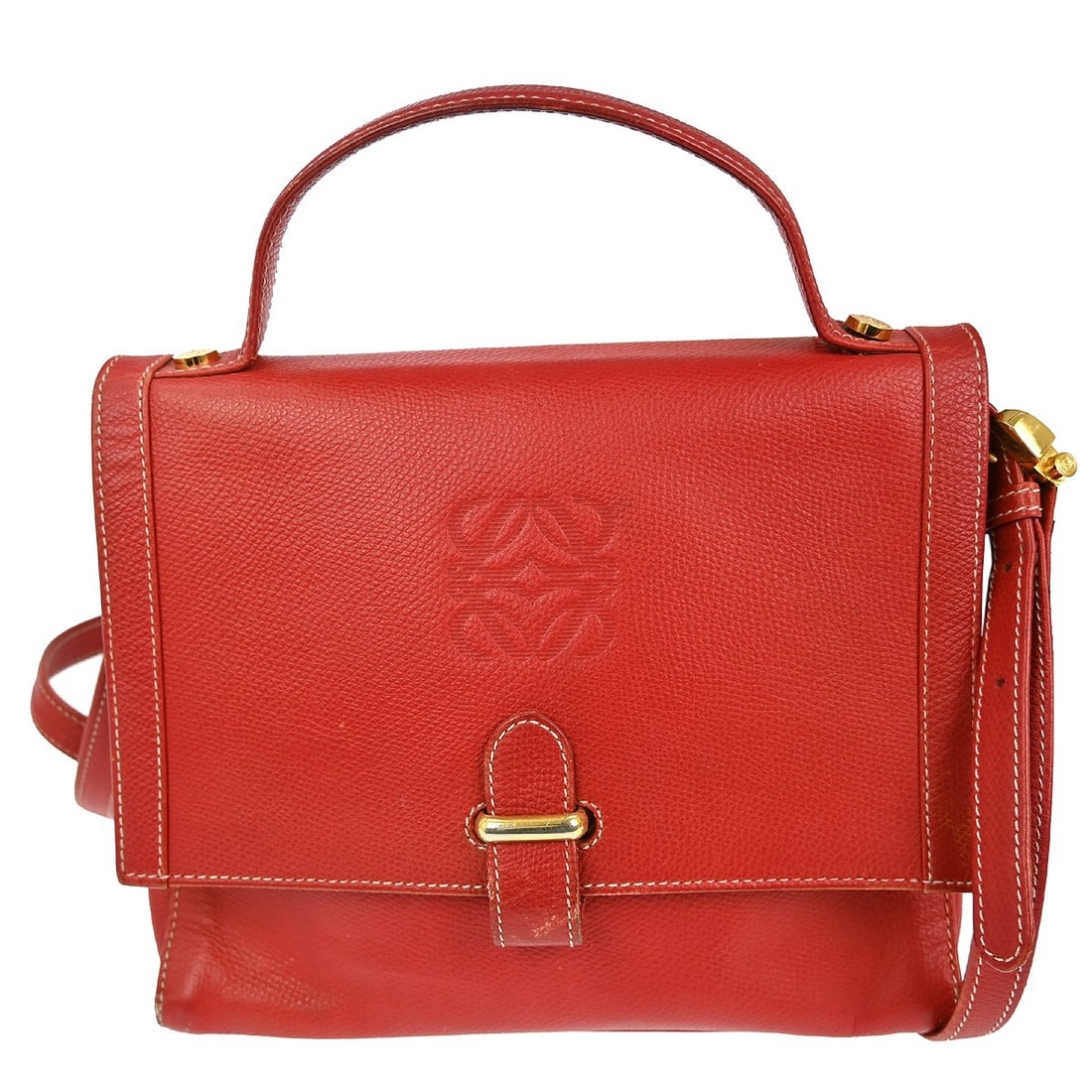 Loewe Medium Red Leather Top Handle 2way Bag with Turn Lock: Loewe Medium Red Leather Top Handle 2way Bag with Turn Lock This striking Loewe 2-way handbag is crafted from luxurious red leather, featuring a stylish top handle design. It measures 9 inches in widt