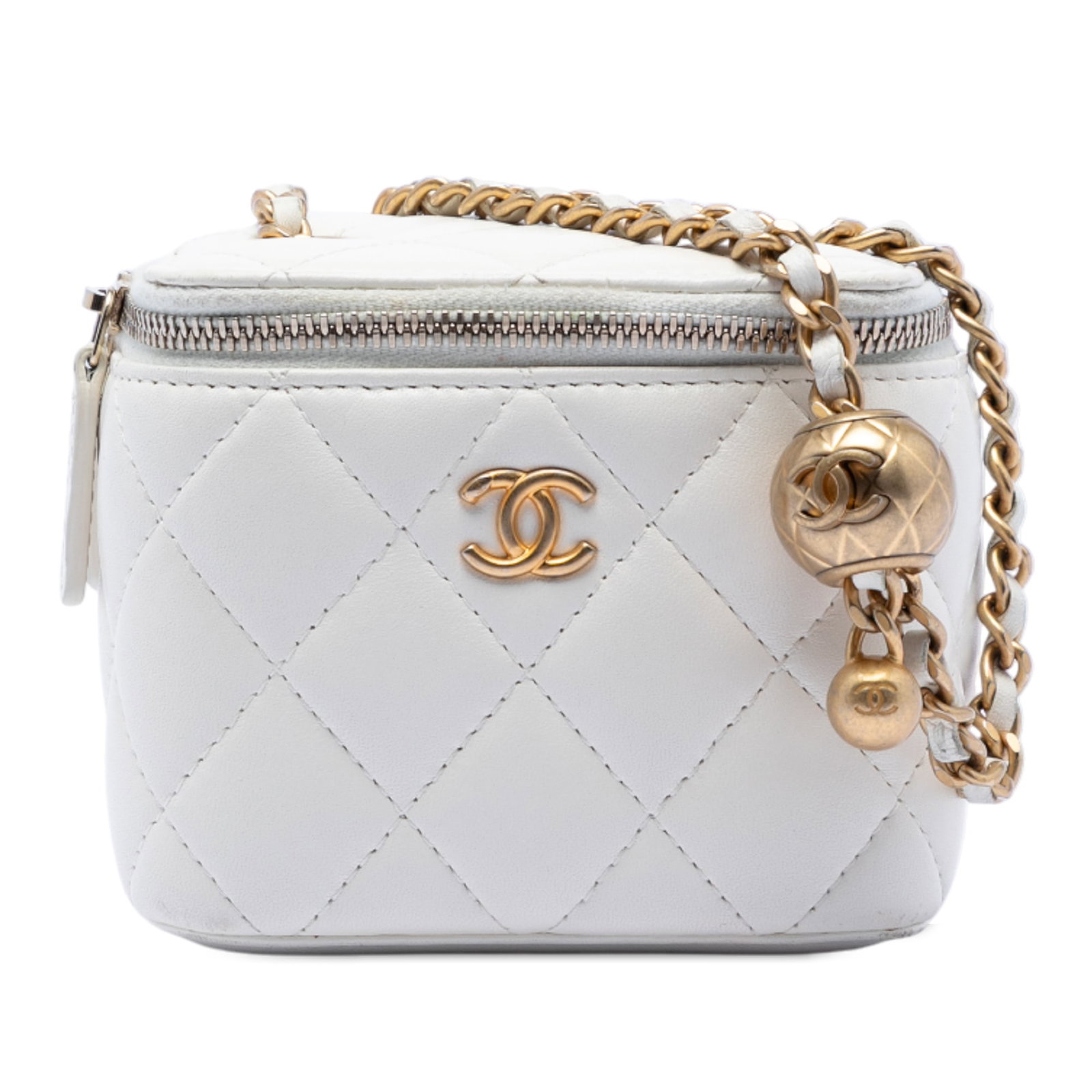 White Chanel Pearl Crush Mini Vanity Bag Quilted Lambskin with Chain (1 of 7)