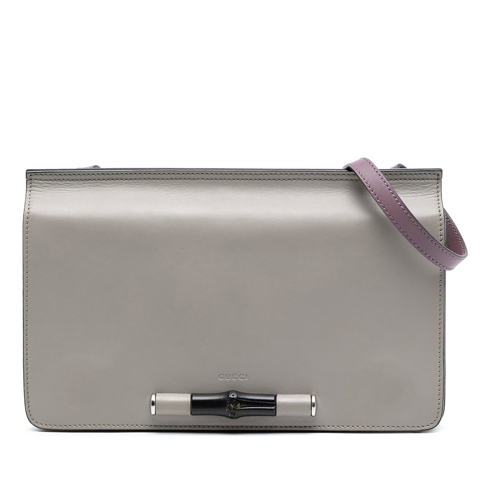 Gucci Lady Bamboo Gray Leather Crossbody Shoulder Bag: Gucci Lady Bamboo Gray Leather Crossbody Shoulder Bag This Gucci Leather Lady Bamboo Shoulder Bag features a gray leather body, an adjustable flat leather strap, a front flap with magnetic snap closur