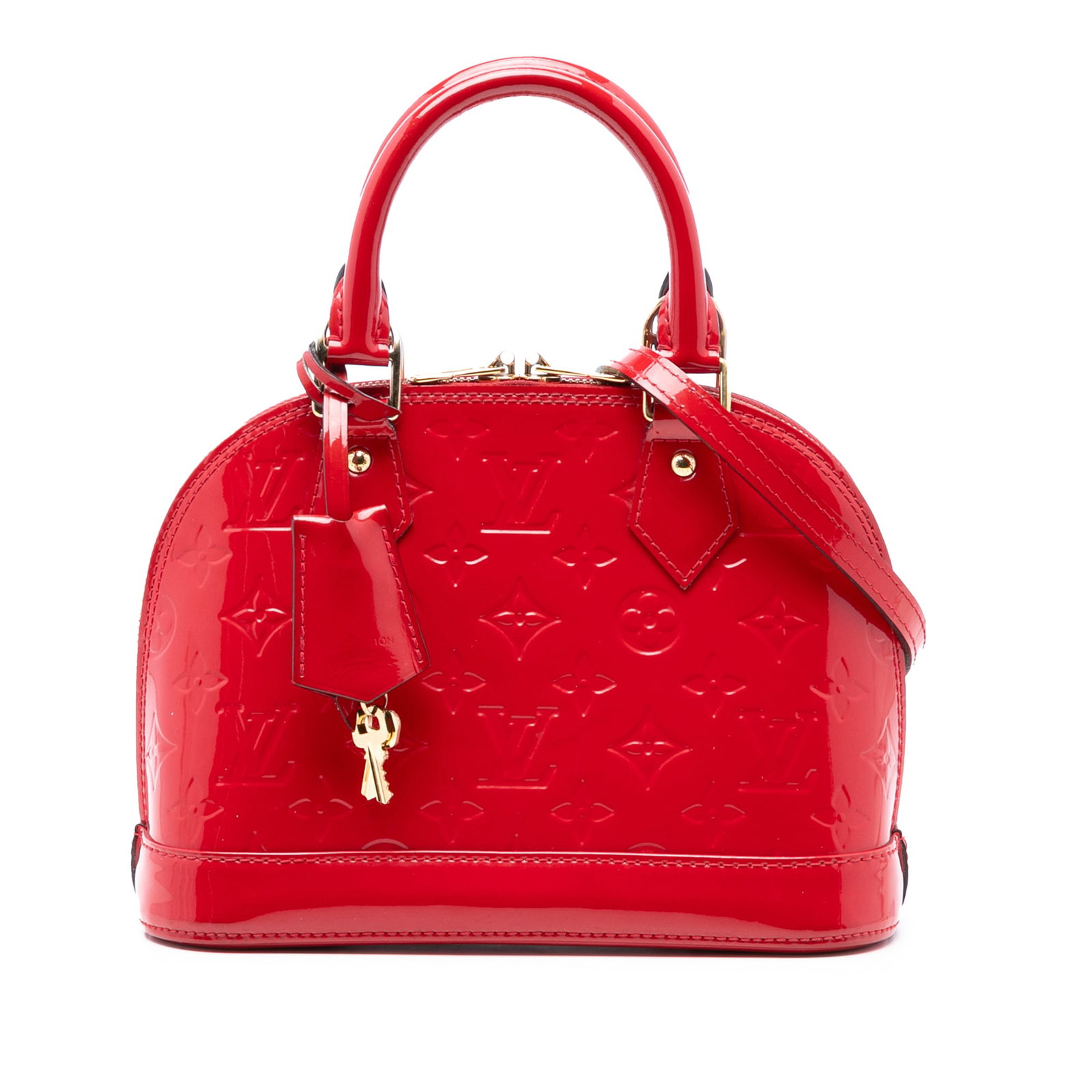Louis Vuitton Alma BB Red Monogram Vernis Leather Bag with Strap: Louis Vuitton Alma BB Red Monogram Vernis Leather Bag with Strap This Louis Vuitton Monogram Vernis Alma BB handbag features a glossy monogram vernis leather exterior in red, rolled leather handles, a